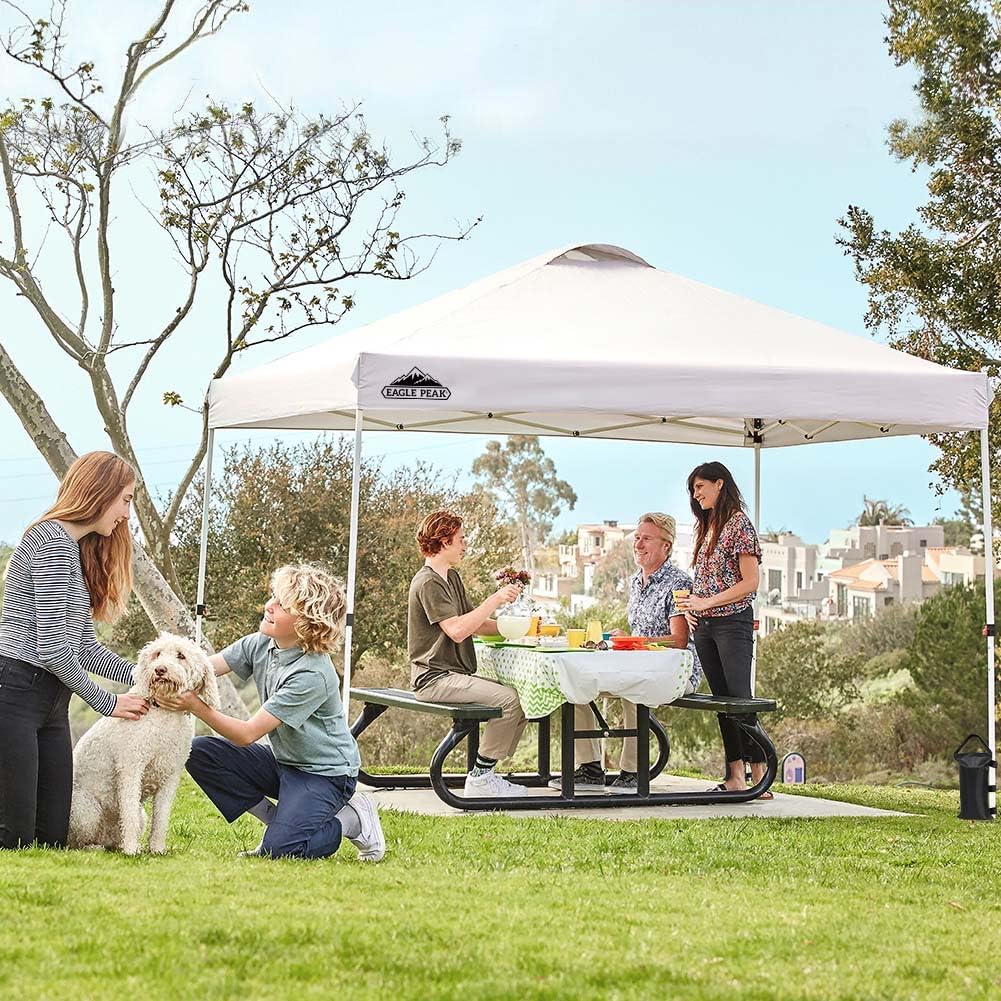 EAGLE PEAK Pop Up Canopy Tent with Wheeled Carry Bag, 8 Stakes, 4 Ropes, 4 Weight Bags, Easy Set Up Tent Canopy, 10x10 ft, 100sqft of Shade, White
