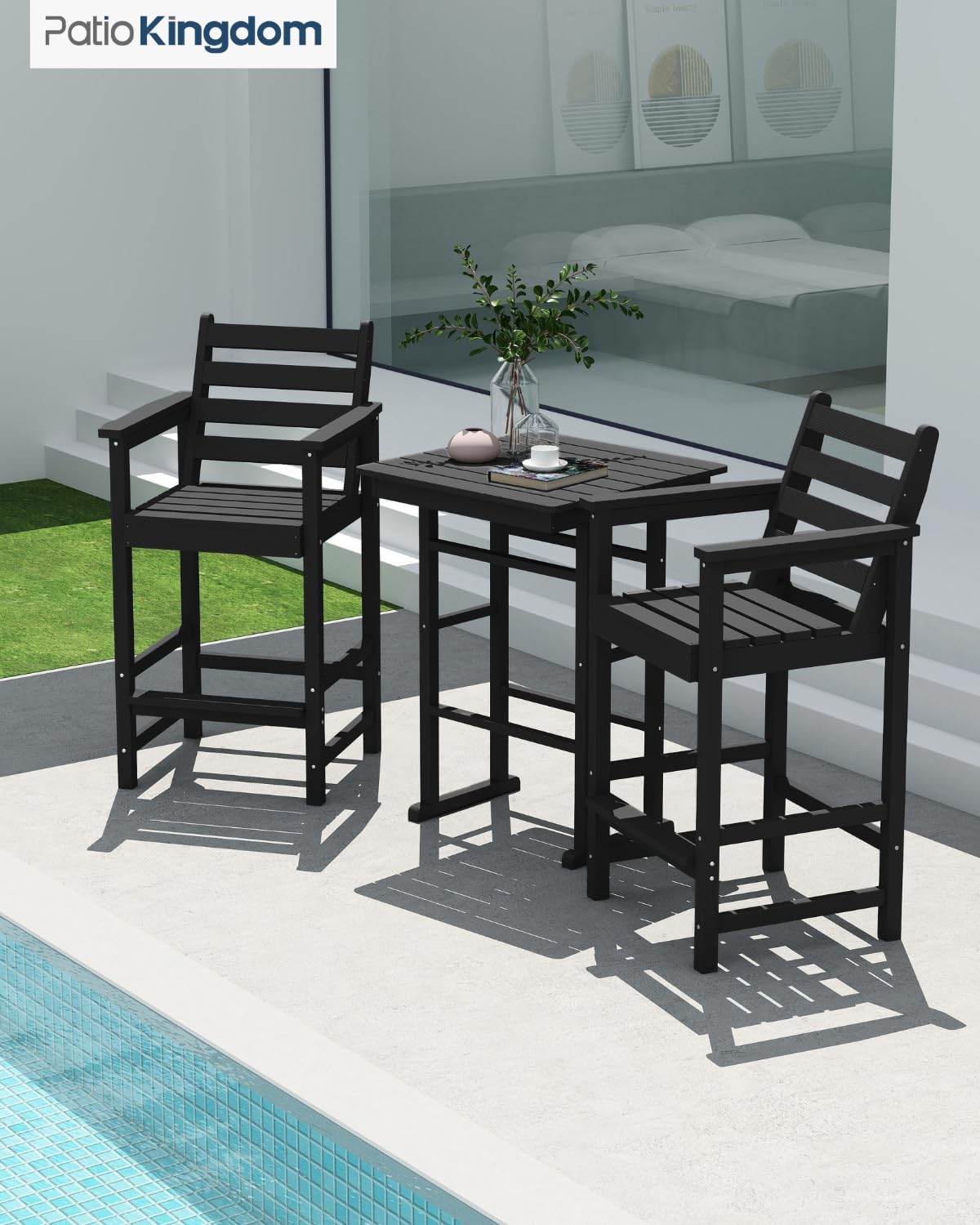 3-Piece Outdoor Bar Set with Beige 9FT Patio Umbrella, HDPE Tall Balcony Adirondack Chairs and Table, All-Weather Outdoor Bar Stools for Patio (Black)