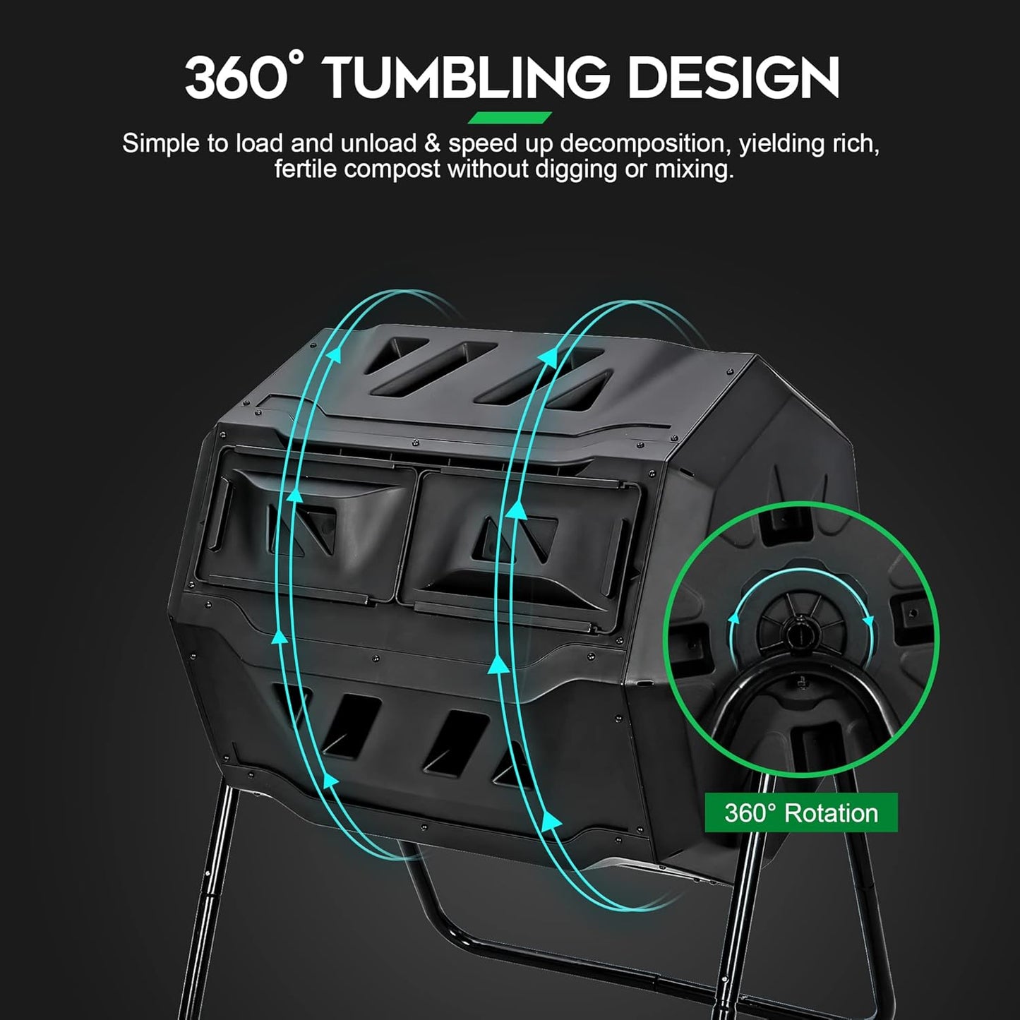 F2C Compost Bin Outdoor 43 Gallon Garden Dual Chamber Composter Bin - Bundled with Pearson's Gardening Gloves，BPA Free, Heavy-Duty Steel Frame, Rotating Tumbler with Sliding Doors | (Black)