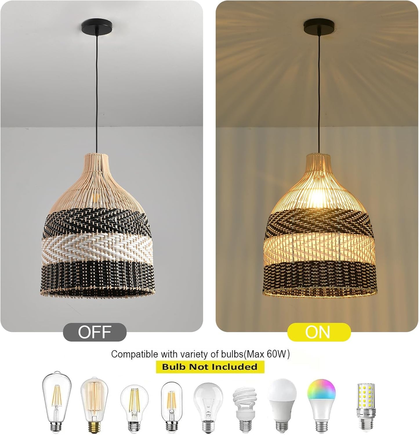 15.75" Rattan Pendant Light Black White Faux Rattan Basket Chandelier 1-Pack Boho Handmade Woven Wicker Hanging Light Fixture for Public Place Dining Living Bedroom Kitchen Farmhouse