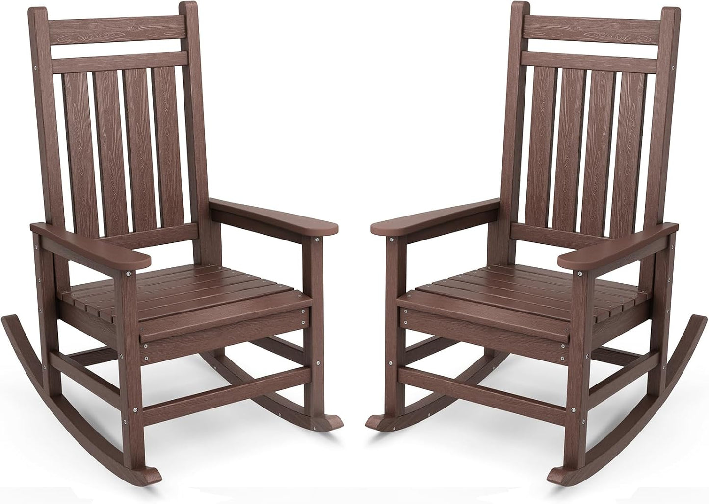 SERWALL HDPE Outdoor Rocking Chair Set of 2, Oversized Rocking Chairs, All Weather Resistant Outdoor Rockers for Lawn, Wooden