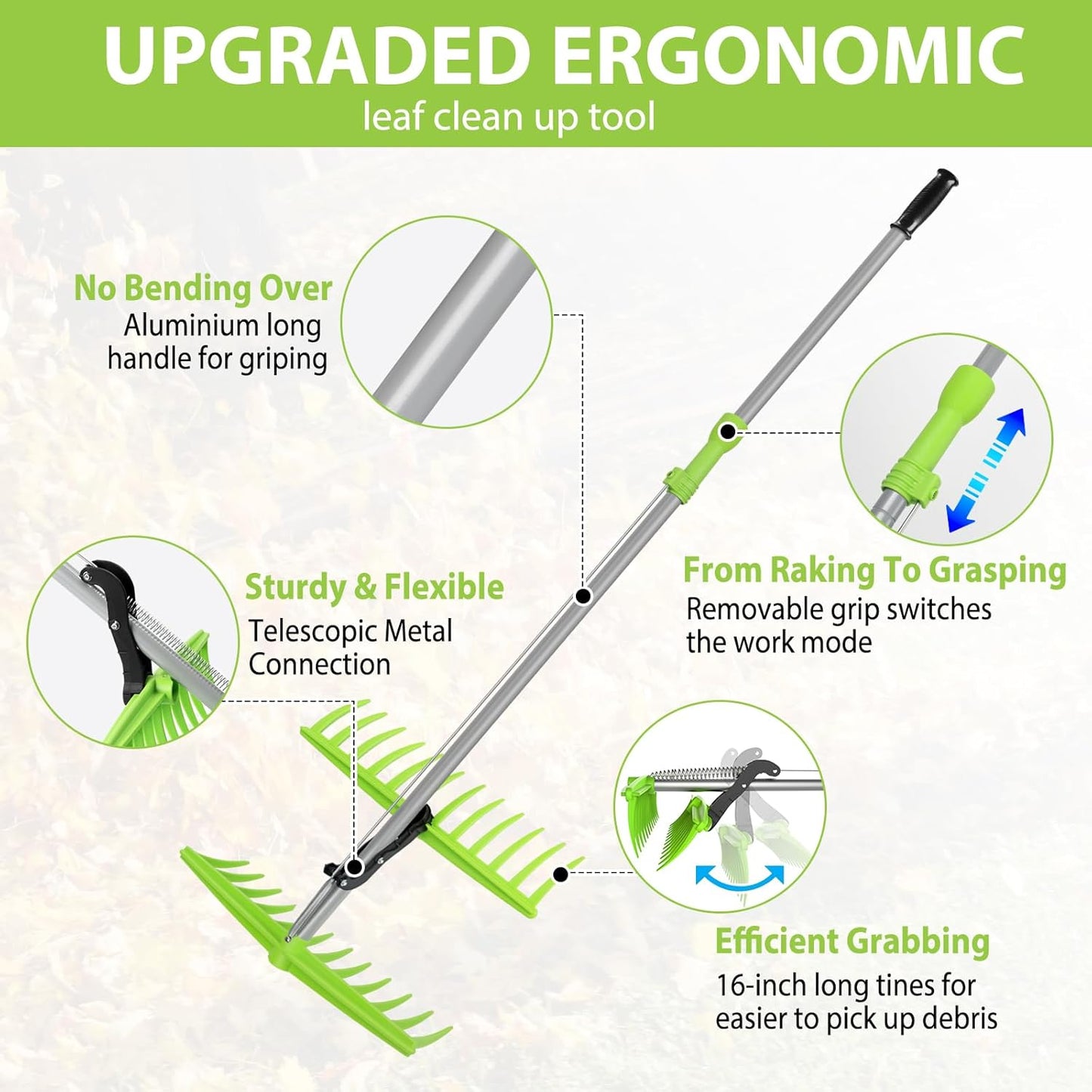 2-in-1 Leaf Grabber Rake, Back Saving Leaf Scoops and Claws with Long Handle, Efficient Leaf Picker Upper Grabber, Leaves Pickup Shovel for Lawns Yard Work Gardening