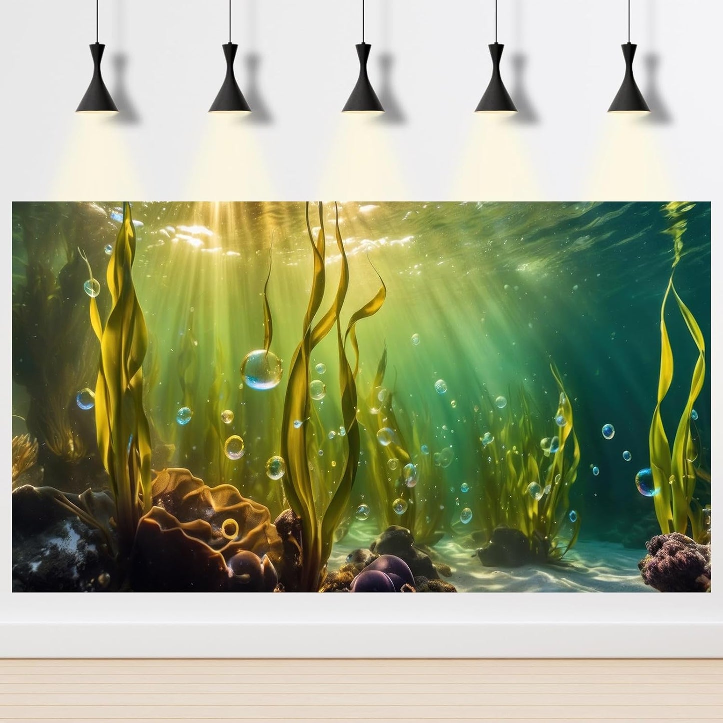 Aquarium Background Underwater Beautiful Coral Reef with Seaweed Bubbles Terrarium Backdrop Aquatic Plants Sunlight Rays Fish Tank Background Tank Aquarium Wallpaper Poster Decor Vinyl 48x18in