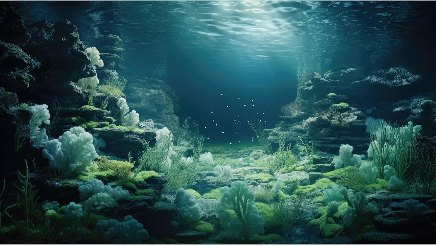 Aquarium Background Underwater Bioluminescent Life Coral Terrarium Backdrop White Coral Lush Moss Fish Tank Background Rock Sunlight Rays Tank Aquarium Wallpaper Poster Vinyl 24x12in