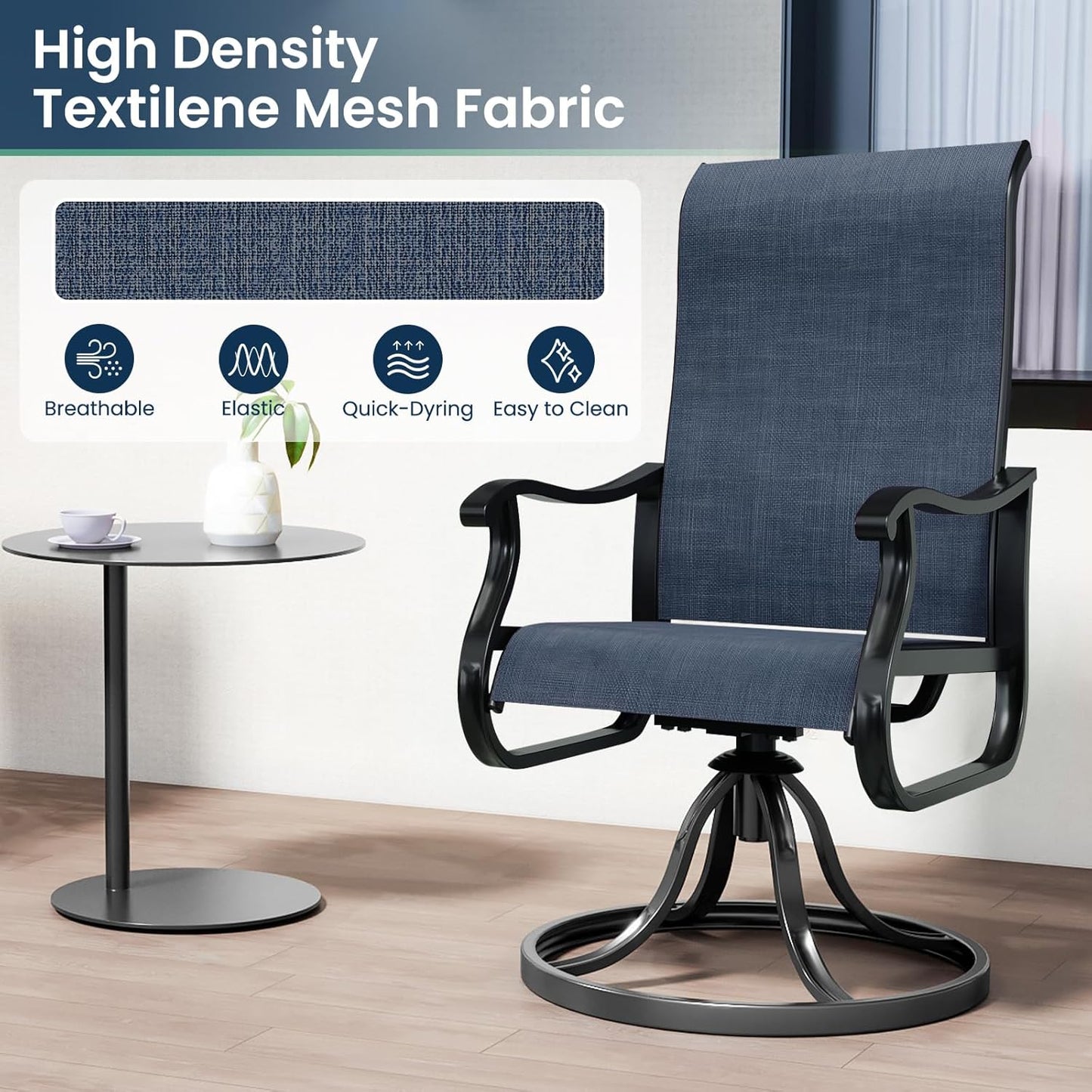 Amopatio Patio Swivel Chairs Set of 8, Outdoor Swivel Rocker Dining Chairs with All Weather Textilene High Back & Metal Frame, for Backyard Deck Lawn Garden, Navy Blue