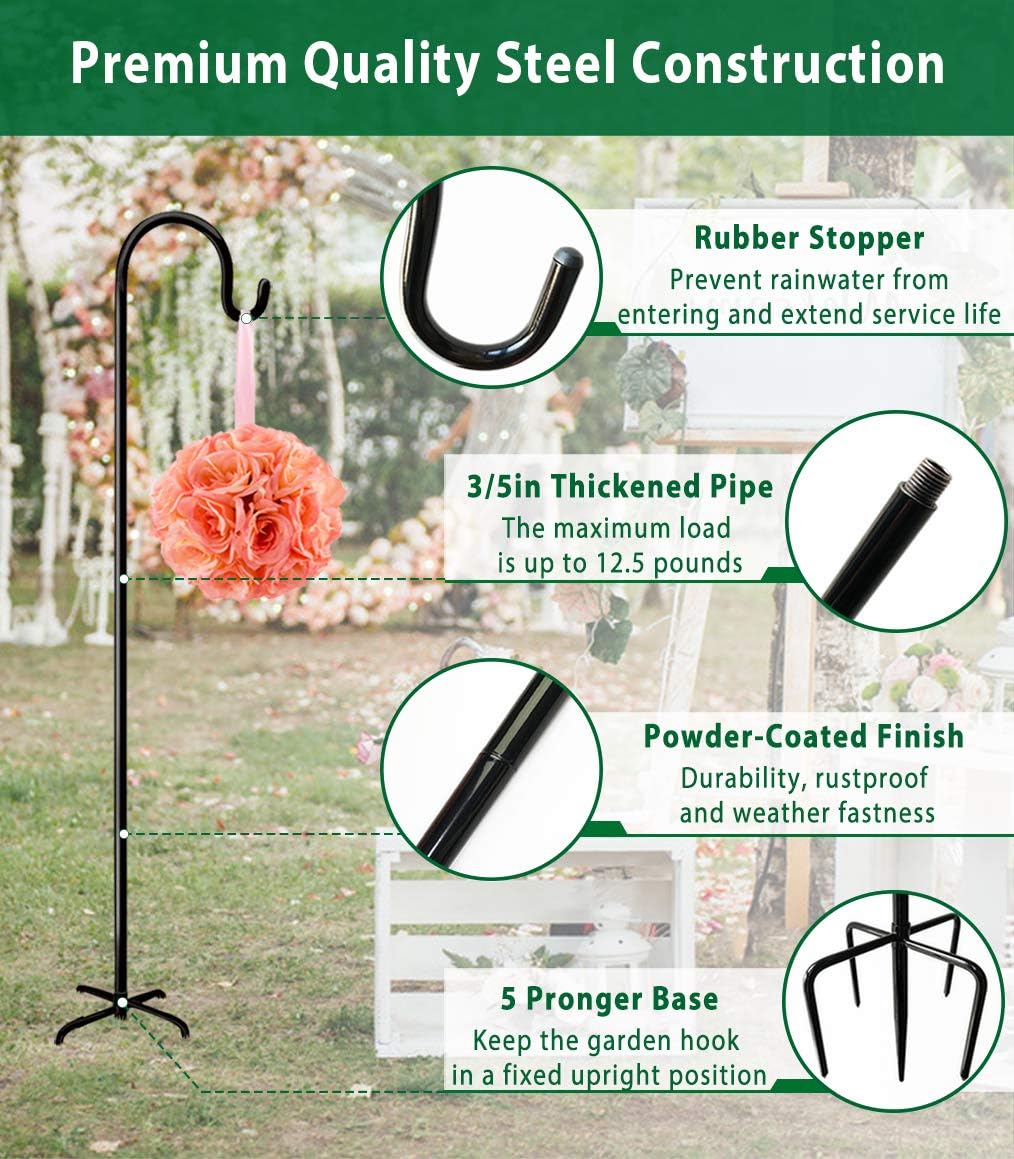 Artibear Adjustable Outdoor Shepherd Hook Stand with 5 Prong Base, 76 Inches Tall 3/5 in Thick, Shiny Black (2 Packs)