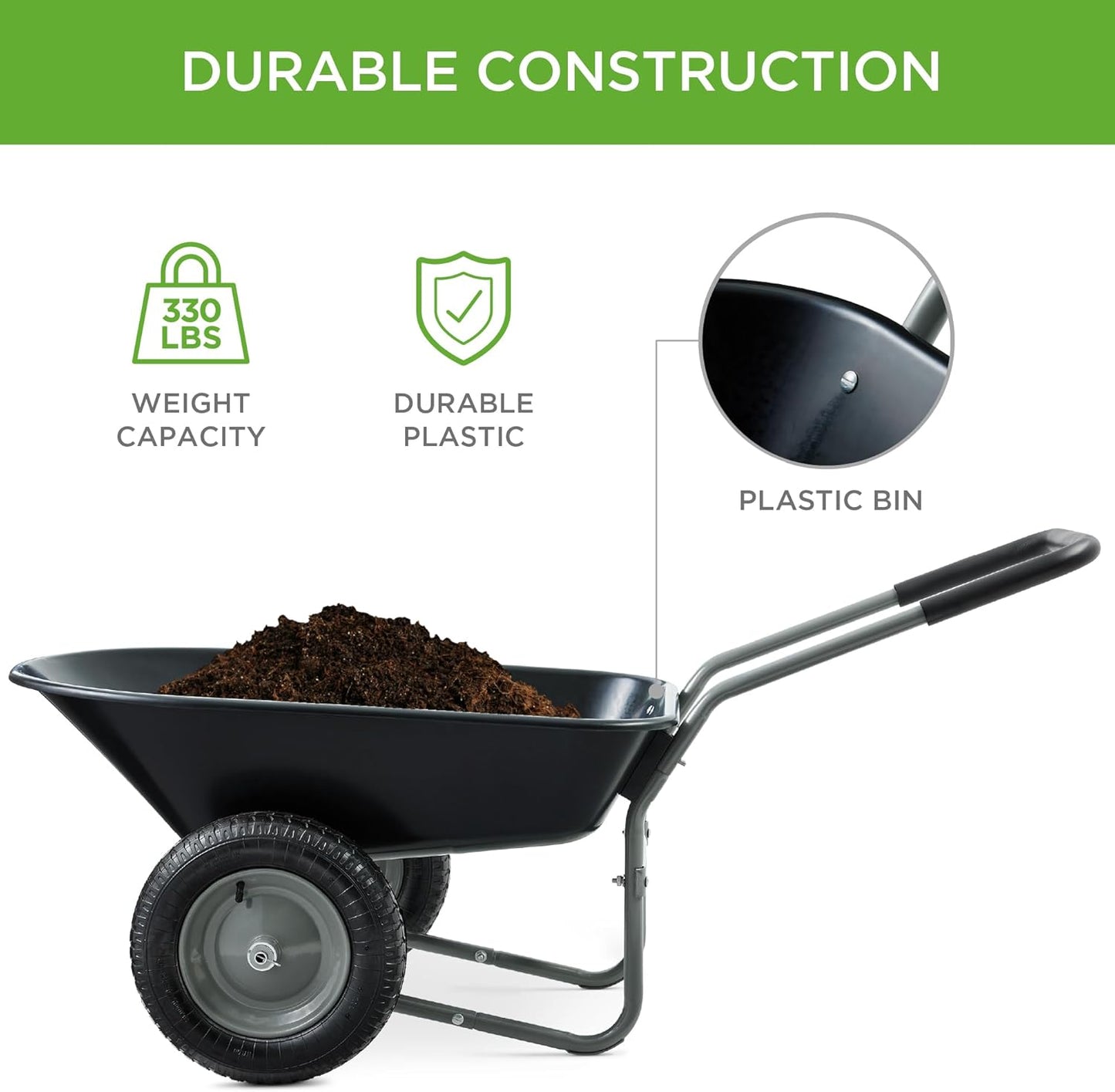 Best Choice Products Dual-Wheel Home Utility Yard Wheelbarrow Garden Cart w/Built-in Stand for Lawn, Gardening, Construction - Black