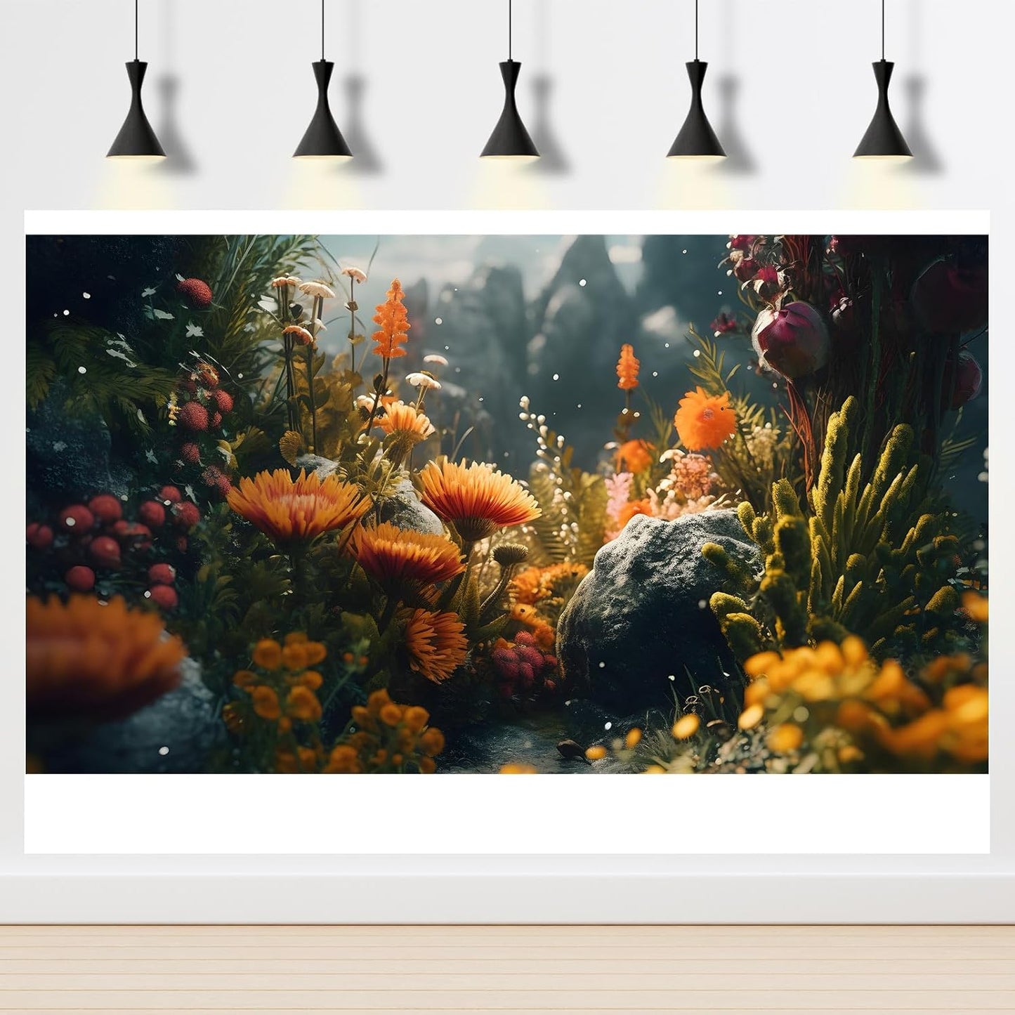 Foggy Stone Terrarium Background Green Seaweed Scenery Orange Floral Aquarium Background Durable Reptile Habitat Flower Background Mysterious Tank Backdrop Vinyl 48x18in