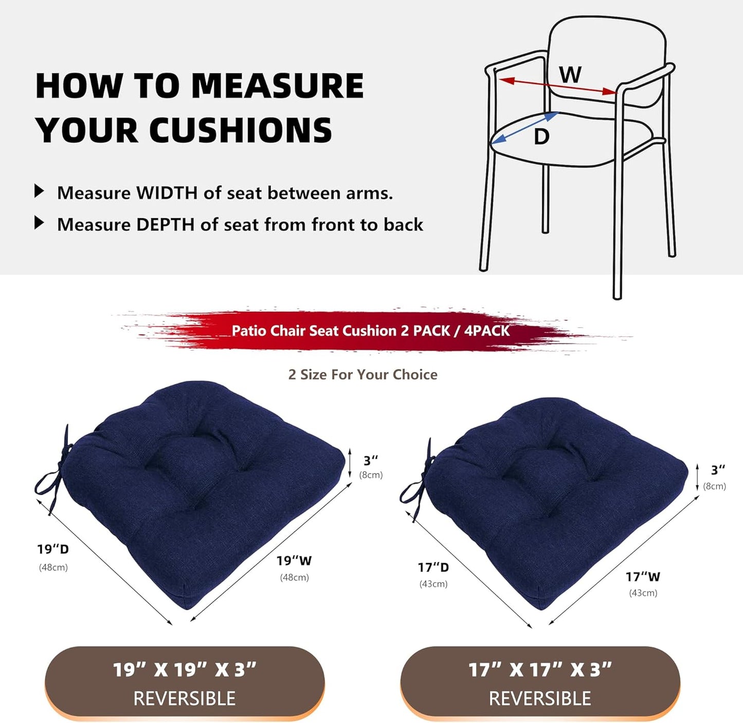 RACE LEAF Outdoor Seat Cushions Set of 2, 19" x 19" Square Patio Cushions, Plump Filling Tufted Water-Resistant Olefin Chair Seat Cushion with Ties for Non-Slip Support, Navy