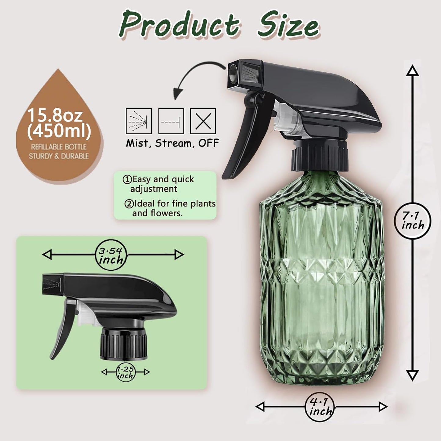 Empty Glass Spray Bottles, 15oz Refillable Water Bottle Spray, Plastic Top Pump, Reusable Adjustable Mist Sprayer Squirt, Handheld Bottles Containers Refillable for Hair, Cleaning, Gardening, Plants