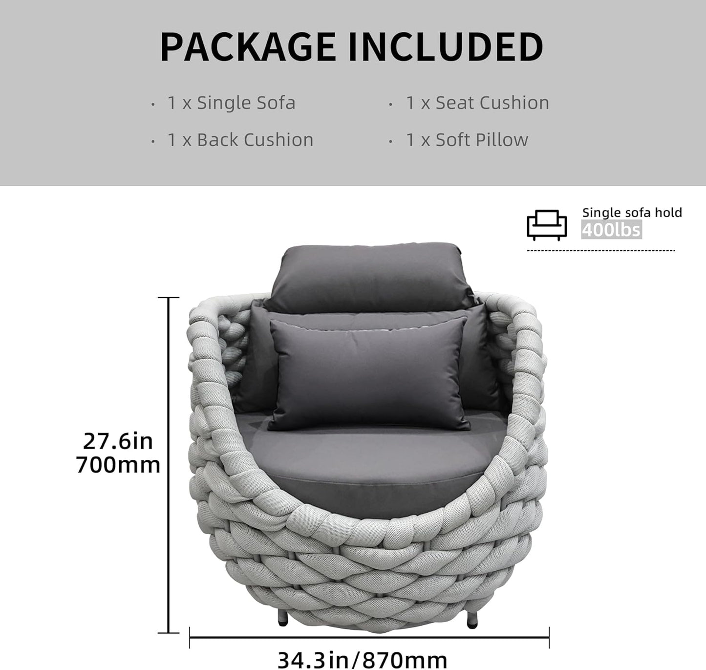 TWT 4 Pieces Patio Sofas All-Weather Rope Balcony Furniture with Dark Grey Cushions & Pillows, Patio Couch Outdoor Patio Furniture Set for Indoor, Balcony, Backyard, Poolside, Grey