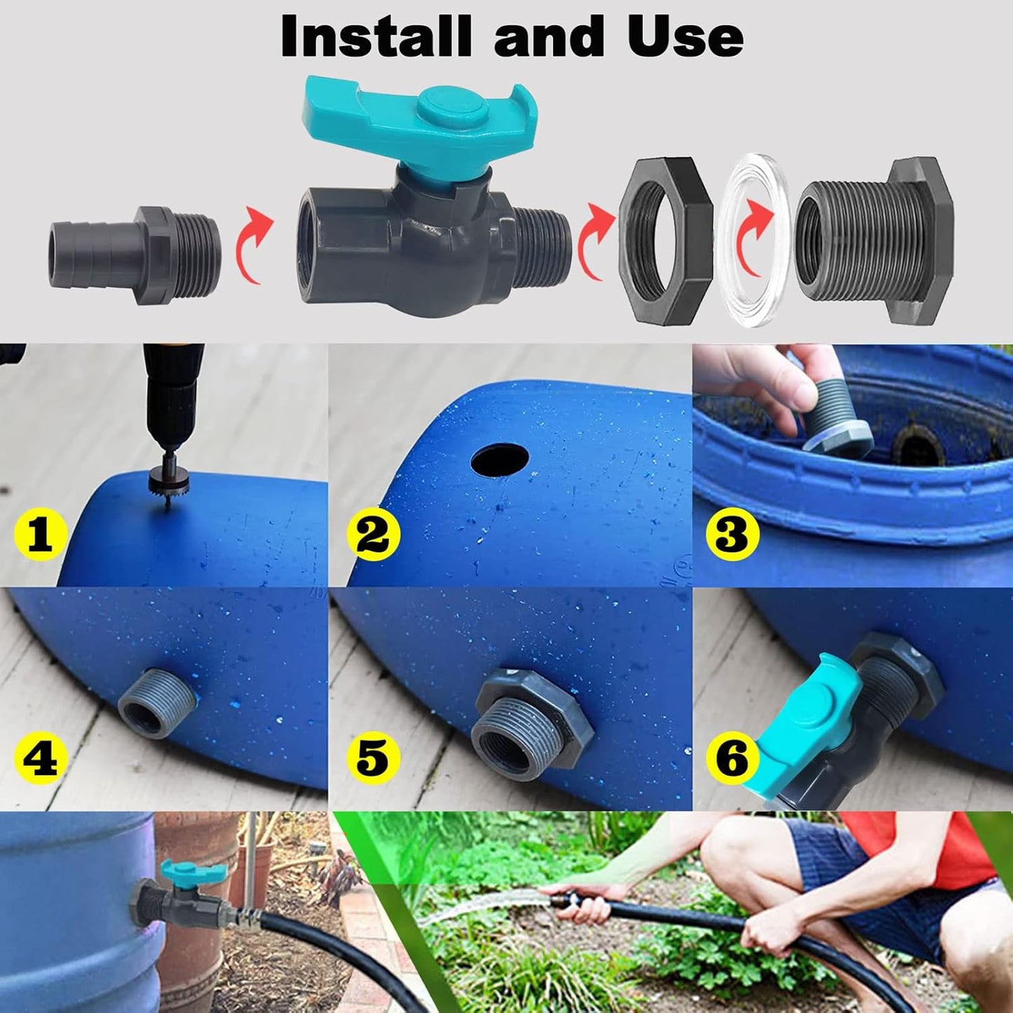 Rain Barrel Spigot PVC Faucet Kit Water Barrel Diverter Kit with Bulkhead Fitting,Ball Valve,Garden Hose Barb(20mm) Adapter,Pipe Clamps,Thread Seal Tape(kit for 20mm ID Hose)