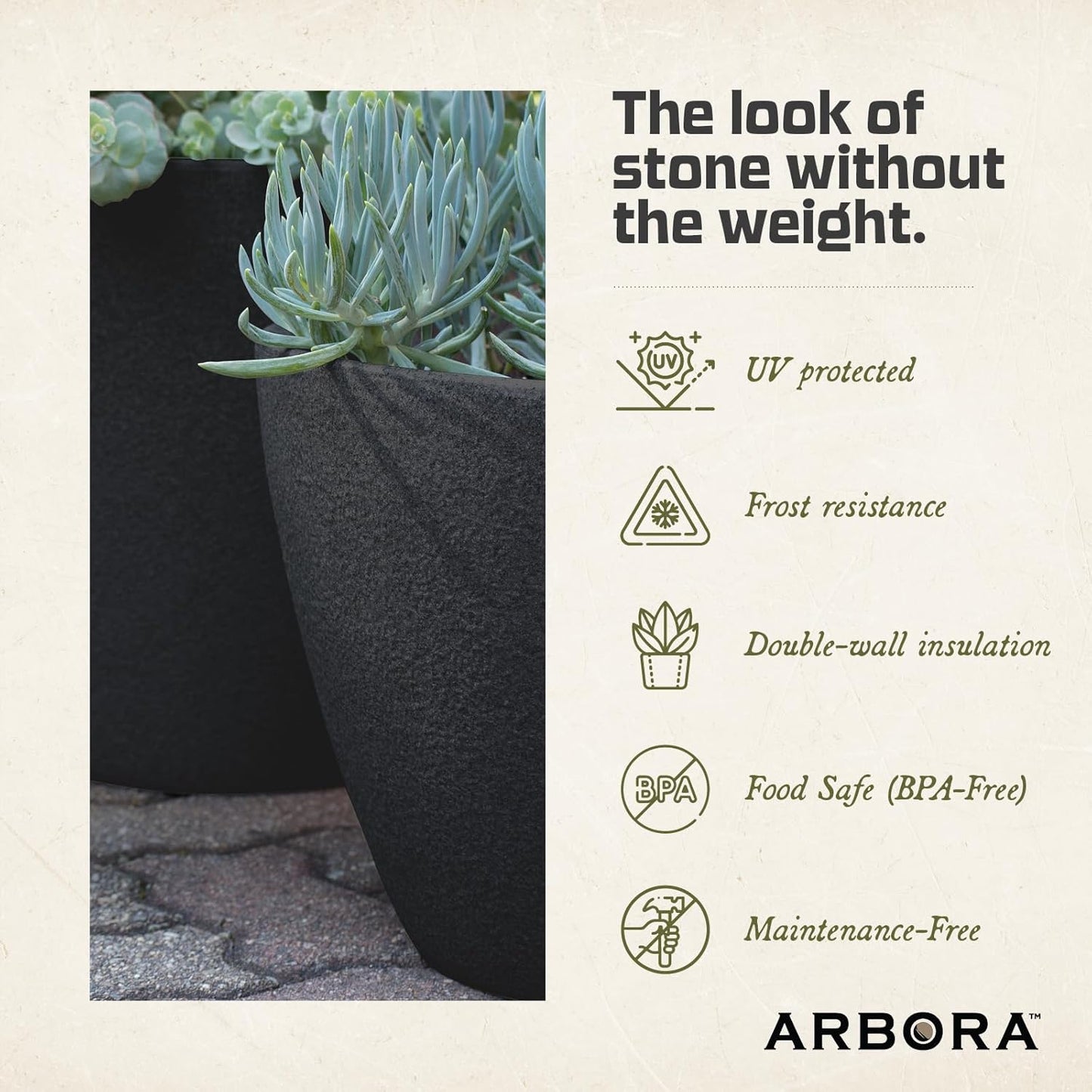 ARBORA 20" Mykonos Square Polyresin Indoor and Outdoor Planter with Classic Black Finish - Durable, Weatherproof, Lightweight, Large Plant Pot for Patio, Garden, Deck, Entryway