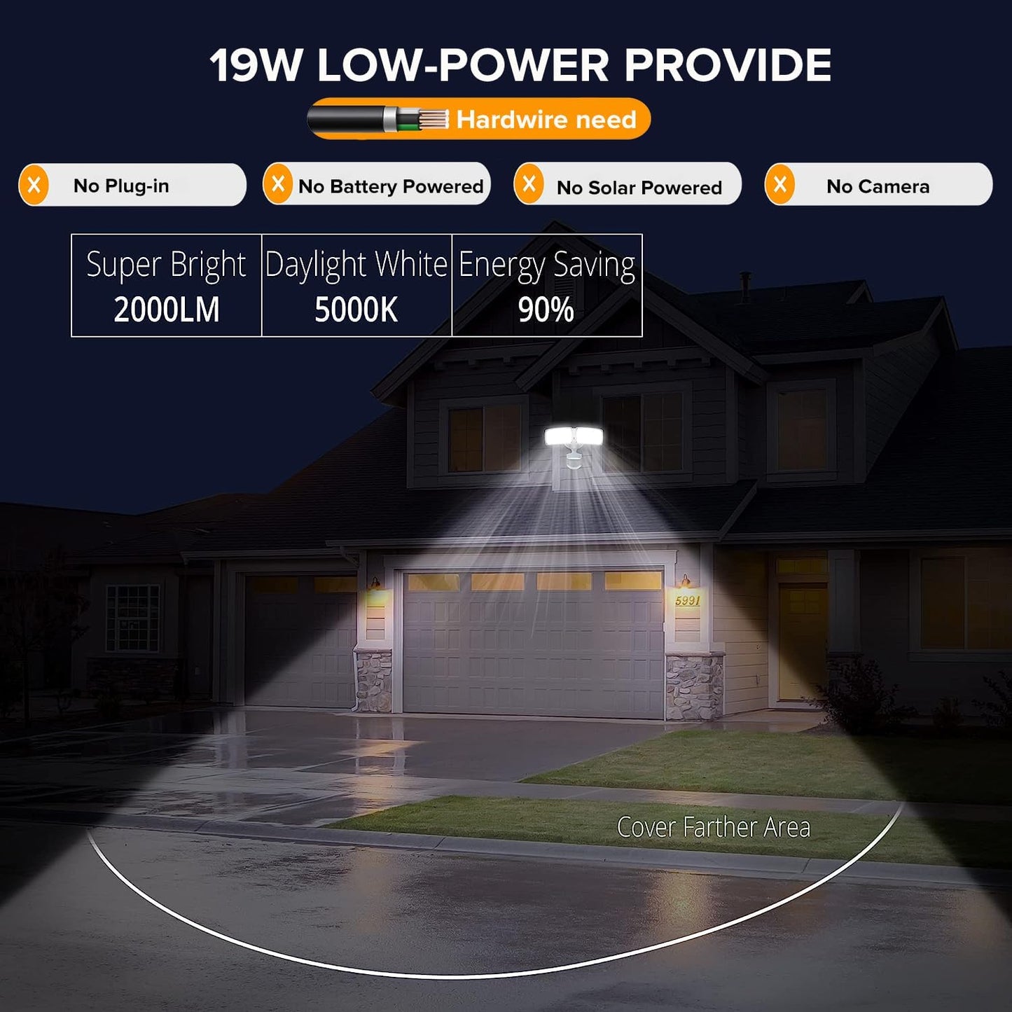 UME 2 Pack 19W LED Flood Light Motion Sensor Outdoor, 2 Adjustable Head, 2000LM, 5000K, IP65 Waterproof, Dusk to Dawn Security Light with Photocell for Exterior,Outside,Garage,House(White)