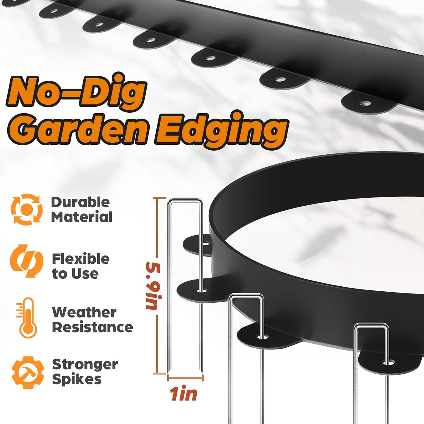 Landscape Edging, 1.5" x 60' Plastic Garden Edging with 60 Pcs Metal Spikes, Flexible Garden Border for Lawn, Landscaping, Flower Beds