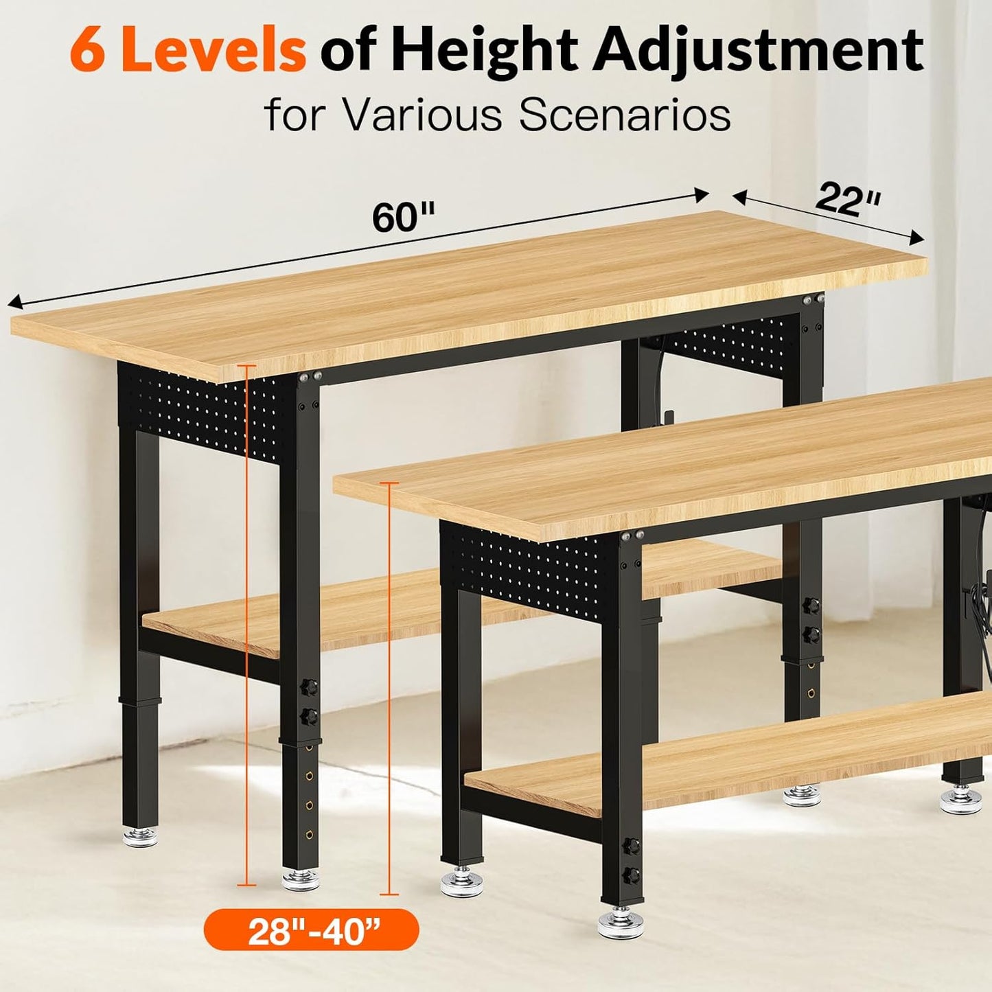 Adjustable Height Workbench, Heavy Duty Table Rubber Wood Workstation with Power Outlet & Pegboard for Garage, Office, Workshop, Home,Commercial (60"×22"|Shelf)