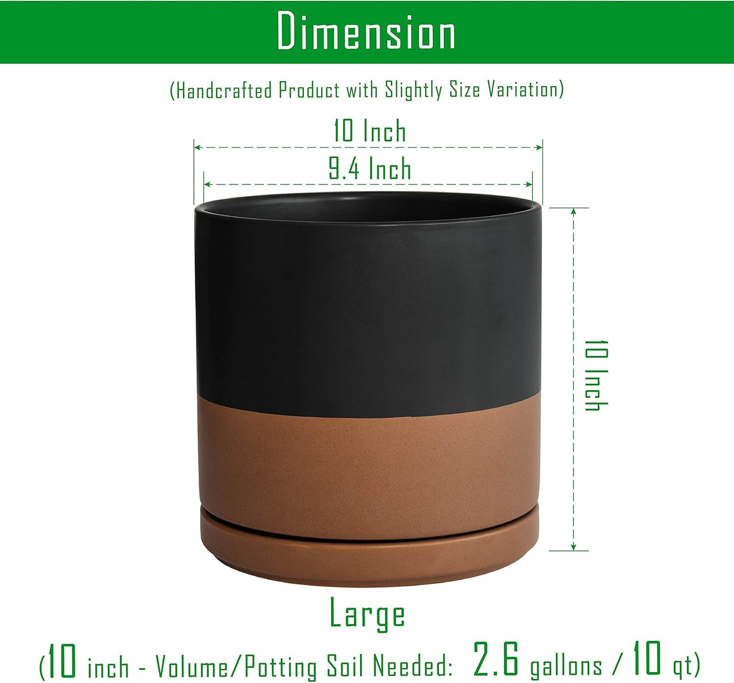 D'vine Dev 10 Inch, Ceramic Planter Pot with Drainage Hole and Saucer, Indoor Cylinder Round Planter Pot, Black/Speckled Tan, 94-O-E-7