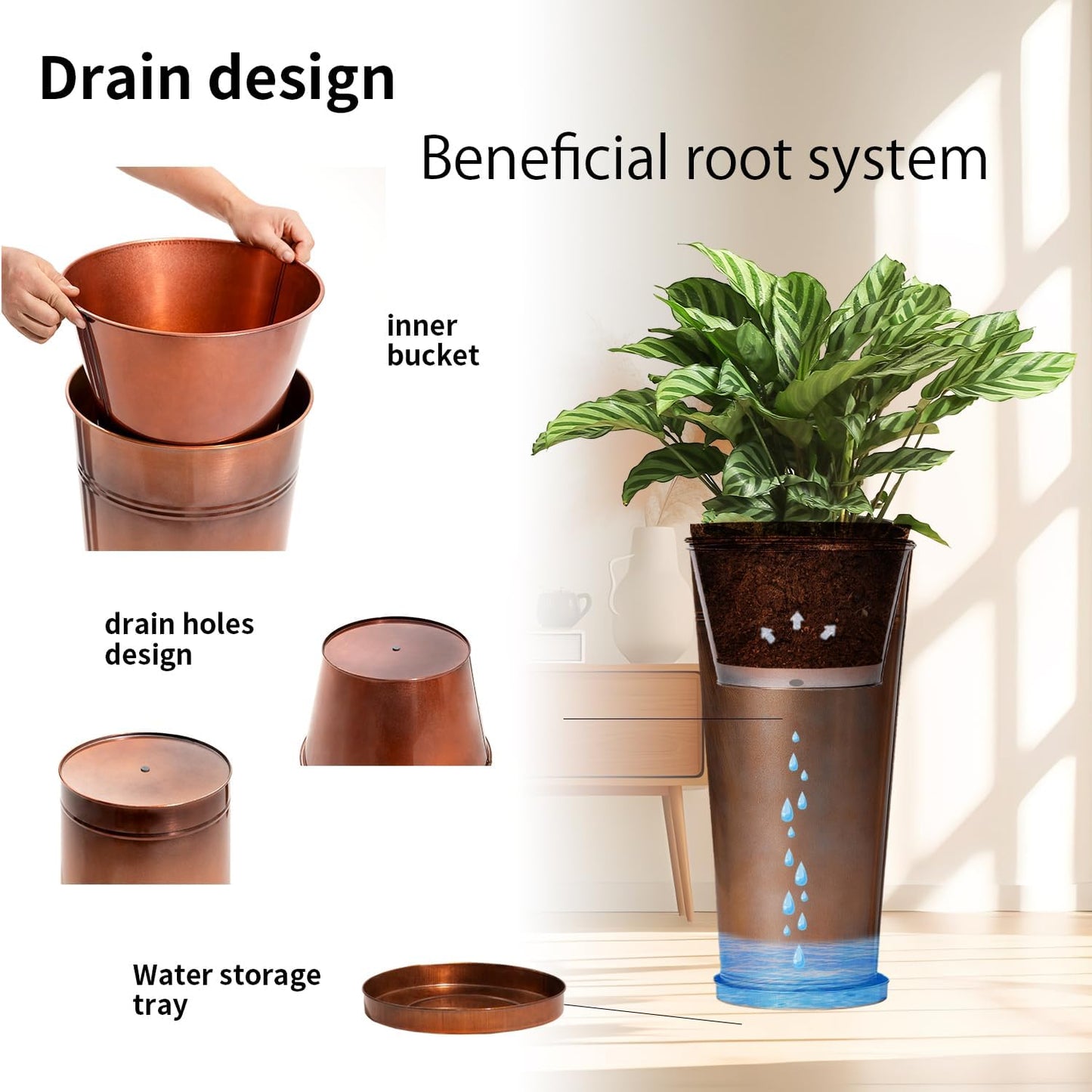28in Tall Antique Copper Metal Vintage Planter Set of 2,Galvanized Steel Planter Pots for porches/Indoor/terraces Patio- Copper Color(2planters,2inner pots with Holes, 2trays)