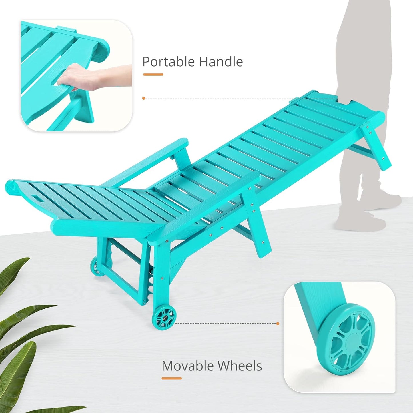 LUE BONA Outdoor Chaise Lounge Chairs Set of 4, HDPS Chaise Lounger, 5 Positions Adjustable Lounge Chairs, Pool Lounge Chair with Wheels for Poolside, 3 Year Warranty, Aruba Blue