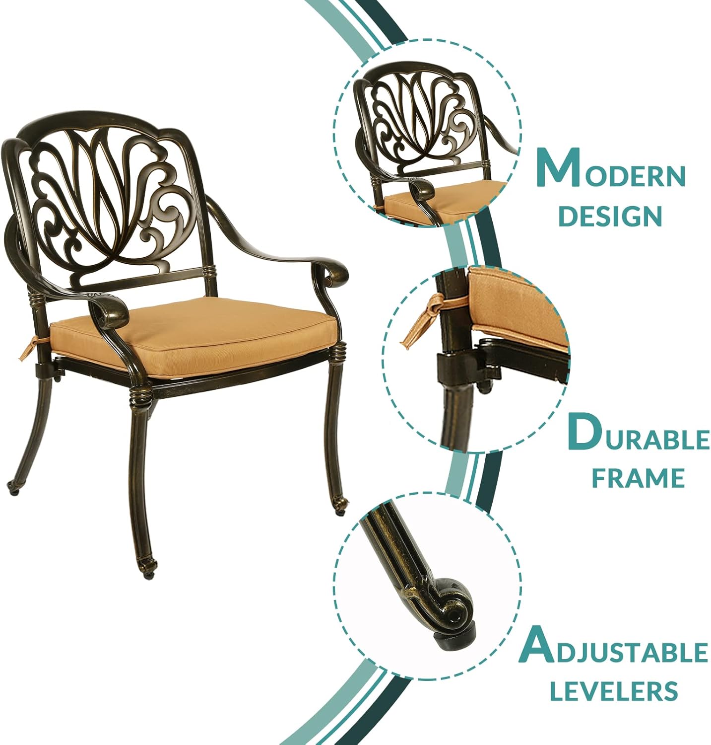 MEETWARM 3 Piece Patio Bistro Set, Outdoor All-Weather Cast Aluminum Dining Furniture Set Includes 2 Cushioned Chairs and a 31” Round Table with Umbrella Hole for Garden Deck