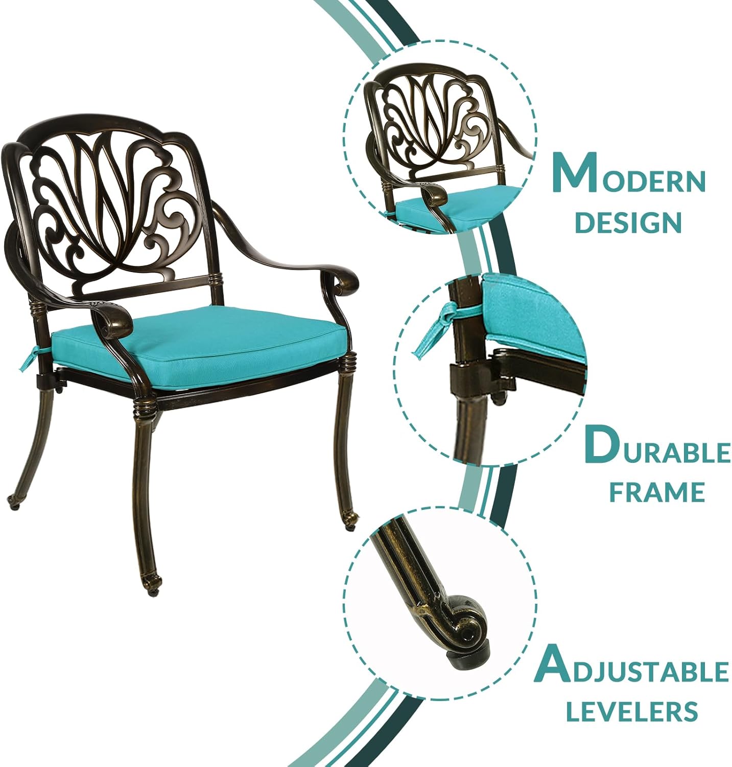 MEETWARM 3 Piece Patio Bistro Set, Outdoor All-Weather Cast Aluminum Dining Furniture Set Includes 2 Cushioned Chairs and a 35.4” Round Table with Umbrella Hole for Garden Deck, Ocean Blue