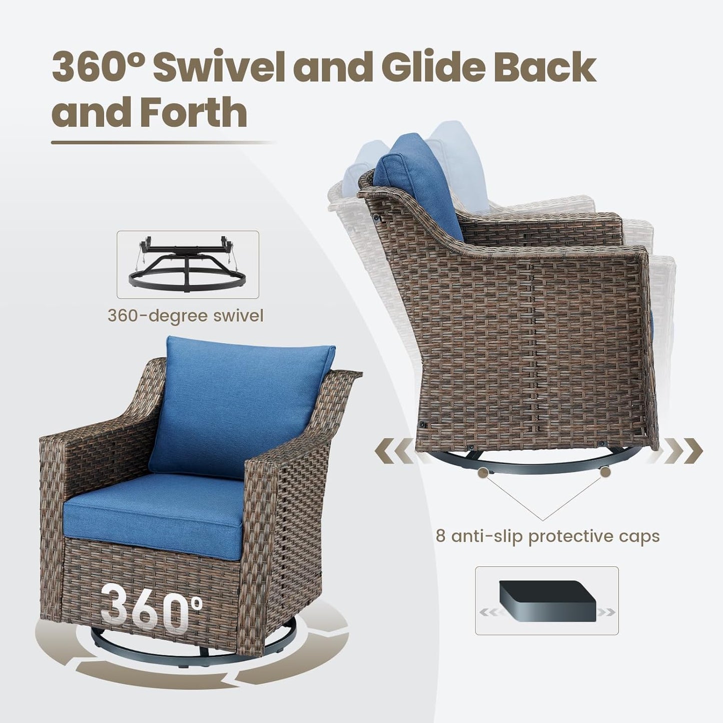 Outdoor Wicker Patio Furniture Set - 5 Piece Outside Rattan Conversation Bistro Dining Chair Sets with Rocking Swivel Chairs, 3-Seat Couch and Ottomans for Porch Yard Balcony – Brown/Blue