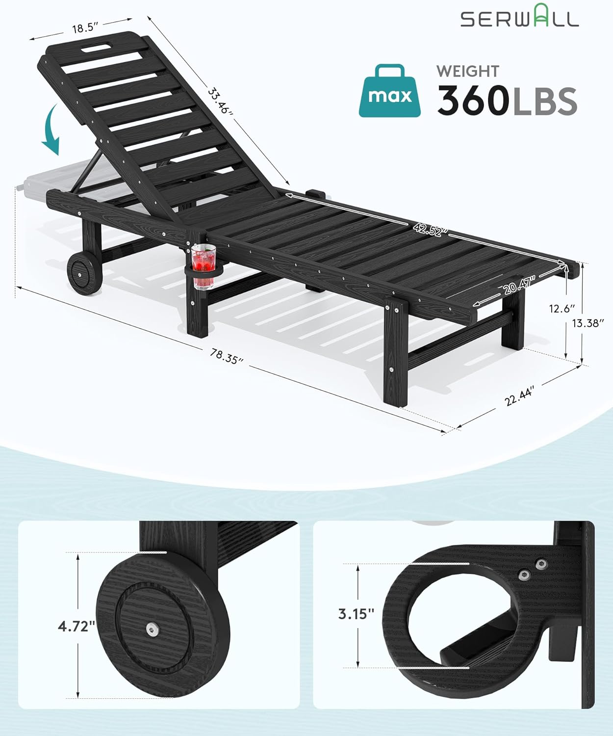 SERWALL Patio Chaise Lounge Set of 4, HDPE Outdoor Lounge Chair with Cup Holder, 5 Positions Adjustable Poly Lounge Chair with Rolling Wheels for Poolside, Deck, Sunbathing, Black