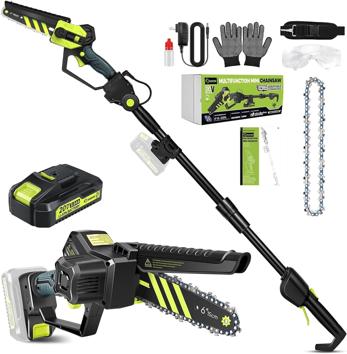 Saker Cordless Pole Saw and Mini Chainsaw,2-IN-1 Pole Chainsaws,Brushless Electric Pole Saws Battery Powered 6 Inch Chain Saw, 78.74 Inch Max Reach Tree Trimmer Pole Saw(1 Battery)