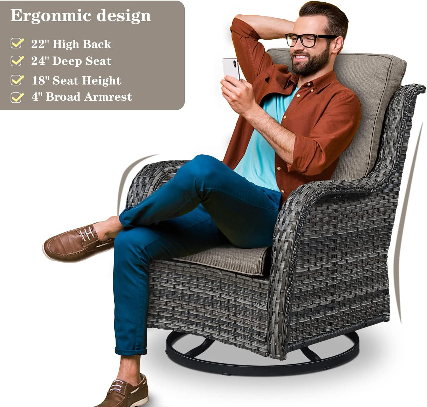 Wicker Outdoor Furniture Patio Furniture Set - 6 Piece Patio Conversation Set with Swivel Rocker Chairs, Loveseat Sofa, Ottomans and Coffee Table, Gray Cushion
