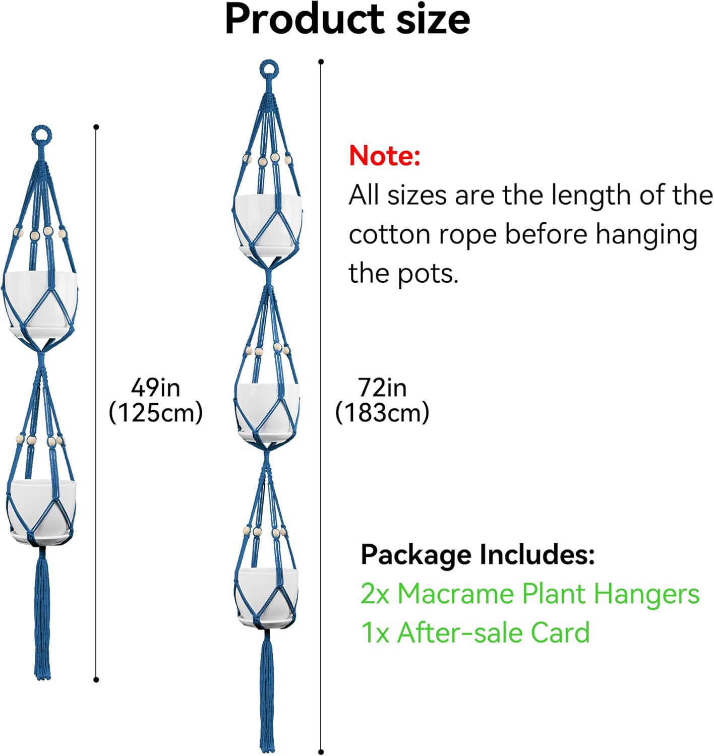 USLAI Macrame Plant Hanger Indoor Outdoor, Up to 4-15 inch Pot, Heavy 20lb Planters, Extra Long Strong Hanging Planter Basket Holder, Boho Home Decor, 49+72 Inch, Blue (POTS NOT Included)