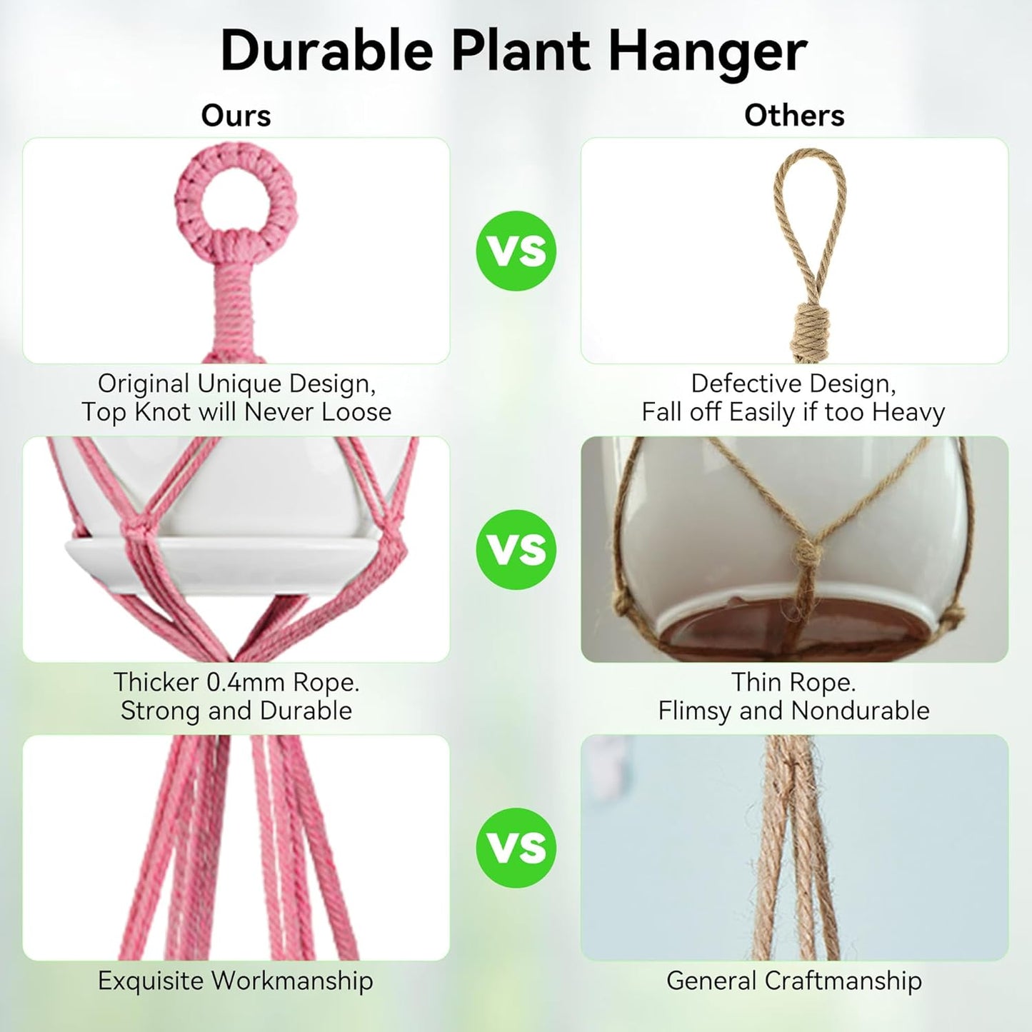 USLAI Macrame Plant Hanger Indoor Outdoor, Up to 4-15 inch Pot, Heavy 20lb Planters, Extra Long Strong Hanging Planter Basket Holder, Boho Home Decor, 35+49 Inch, Pink (POTS NOT Included)