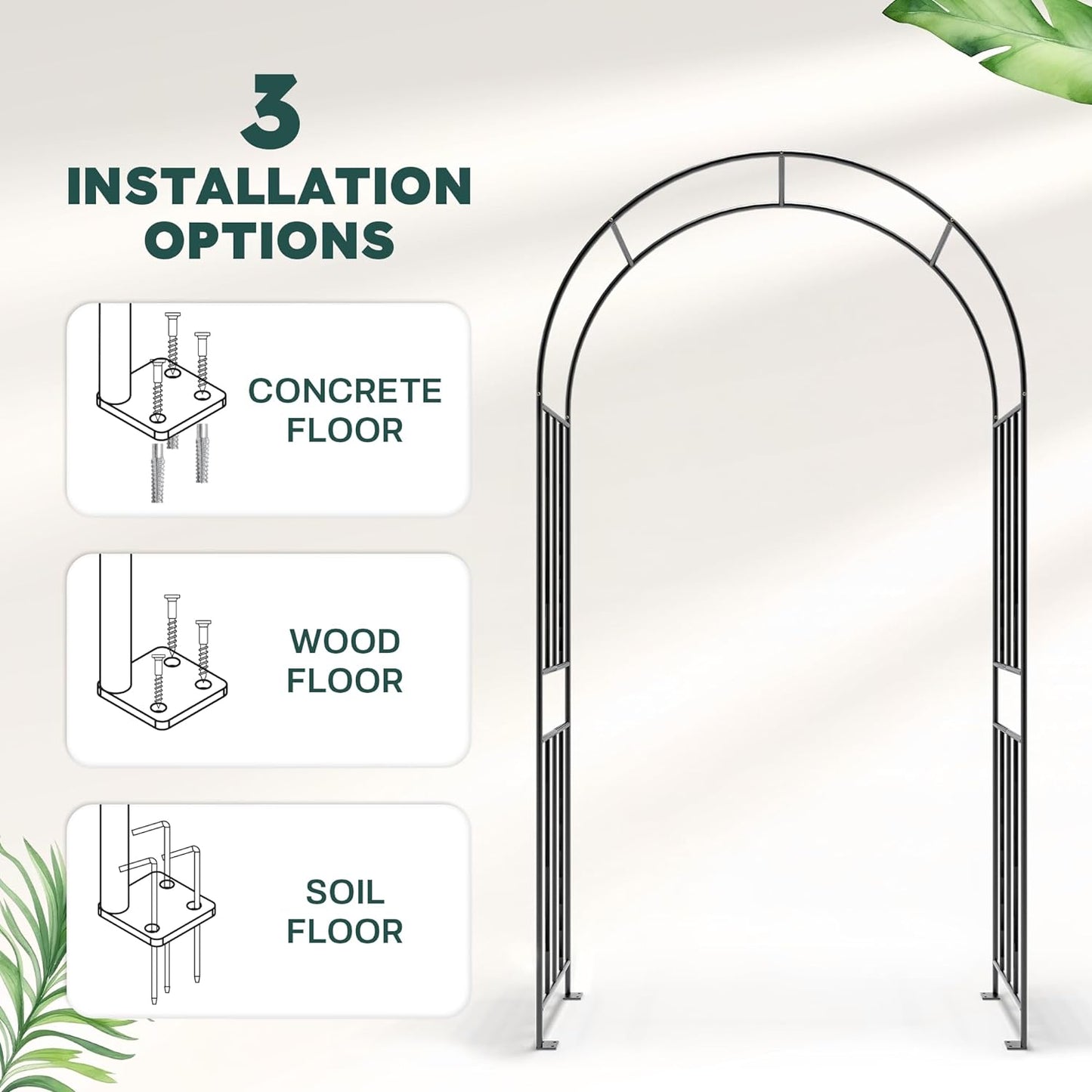 IDZO 86in Metal Garden Arbor Arch, Sturdy & Durable Trellis with Ground Stakes, 3 Installation Options, Ideal for Climbing Plants & Outdoor Decoration
