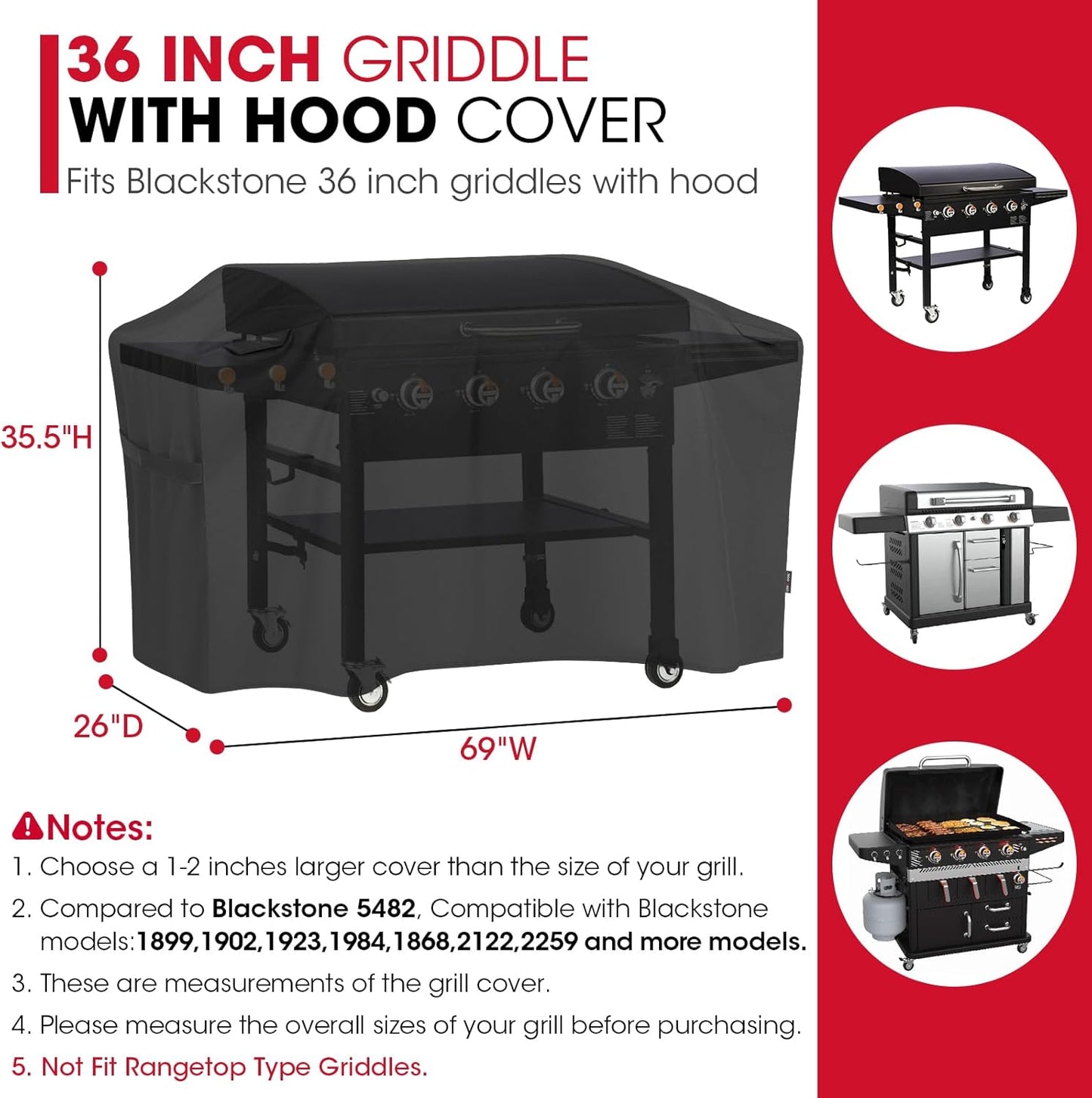 Unicook 5482 Griddle Cover for Blackstone 36 Inch Griddle with Hood, Heavy Duty Waterproof Flat Top Gas Grill Cover for Outdoor Grill, All Weather Protection, Black