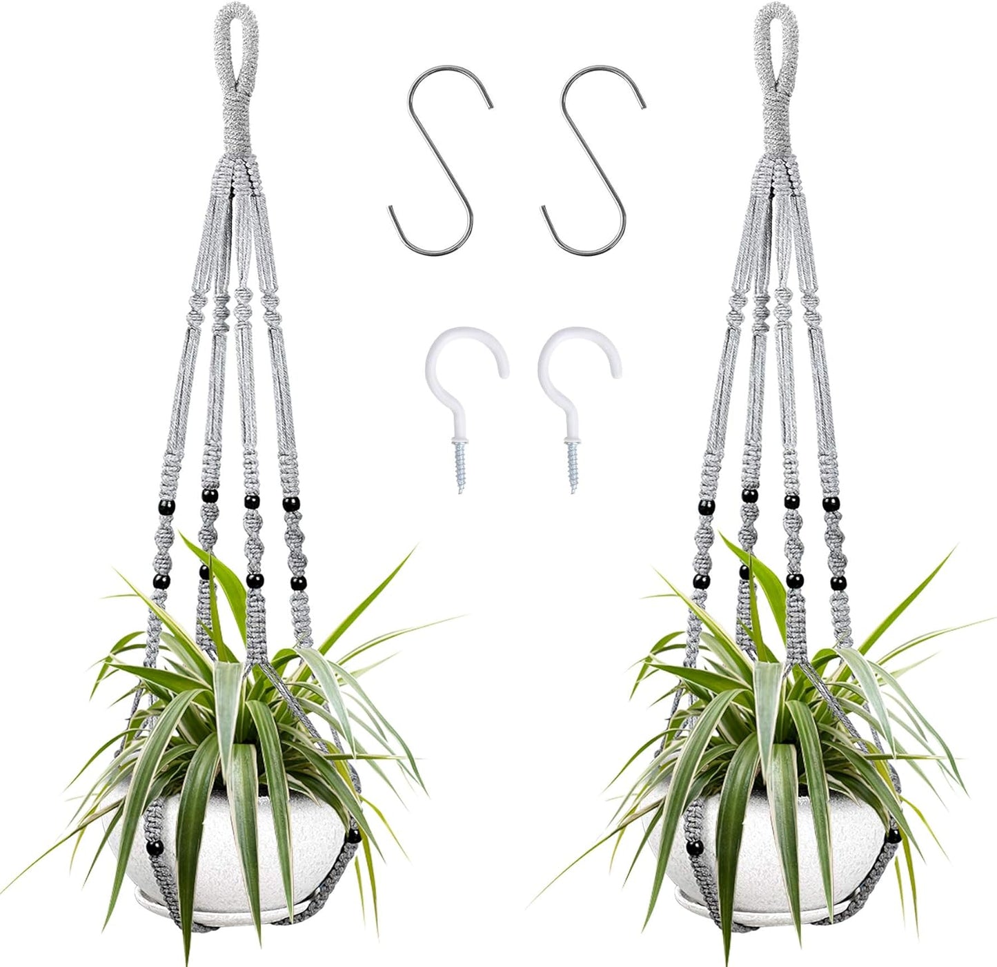 Augshy 2 Packs Macrame Hanging Planter, Indoor Hanging Planter Basket with Wood Beads Decorative Macrame Pot Hanger for Home Decor (Grey)