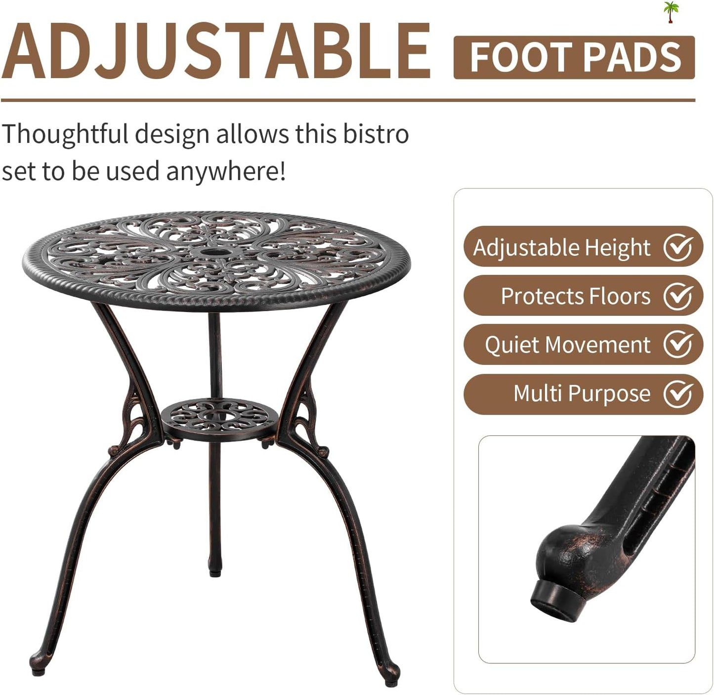 3 Piece Cast Aluminum Bistro Set, Bronze Bistro Table and Chairs Set of 2, 3 Piece Patio Furniture Set with 1.97" Umbrella Hole for Backyard, Balcony, Deck