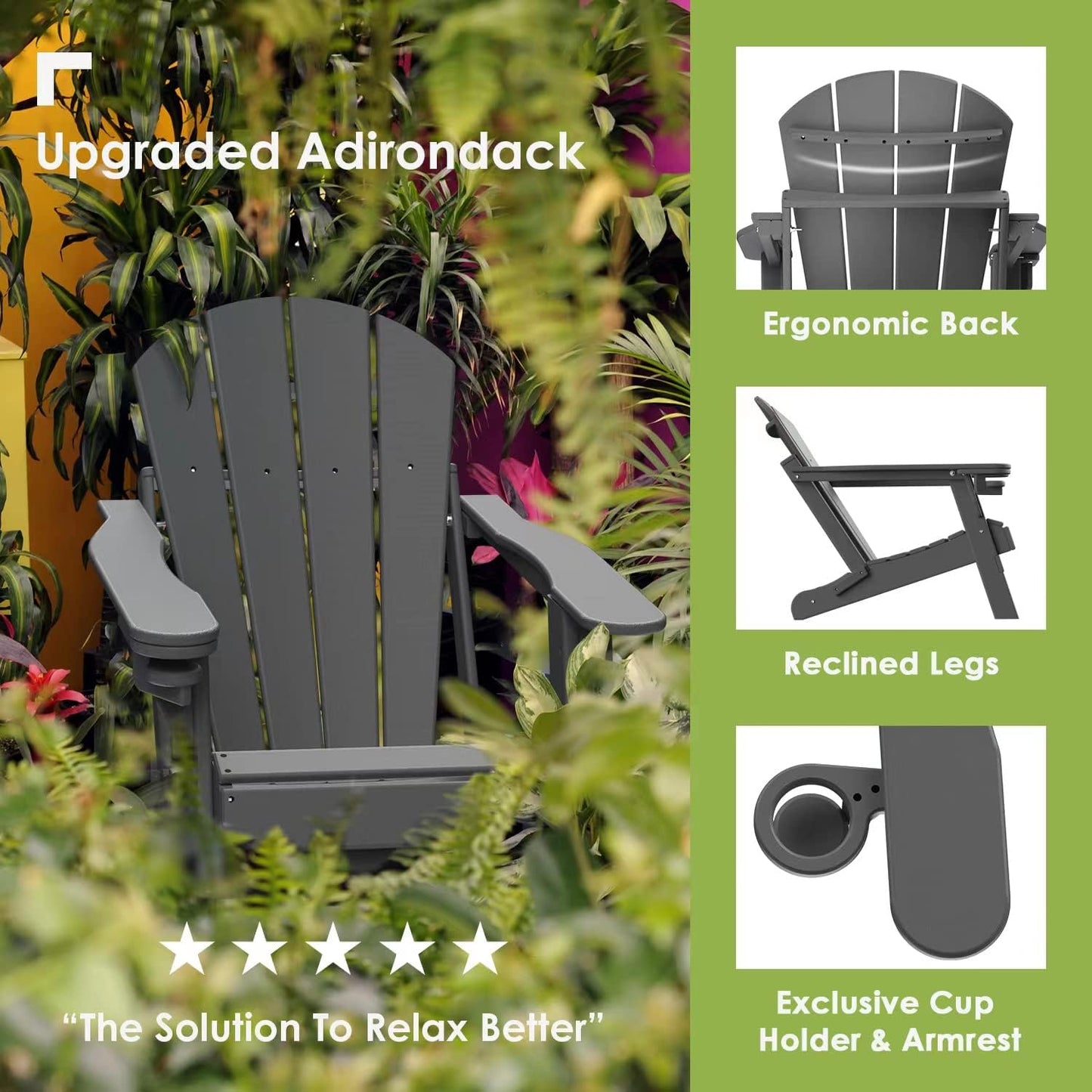 GREENVINES Folding-Adirondack-Chairs-Set-of-6 | HDPE Plastic | Fire Pit Chair | All Weather | Cup Holder | Grey | for Deck Backyard Patio Outdoor Garden