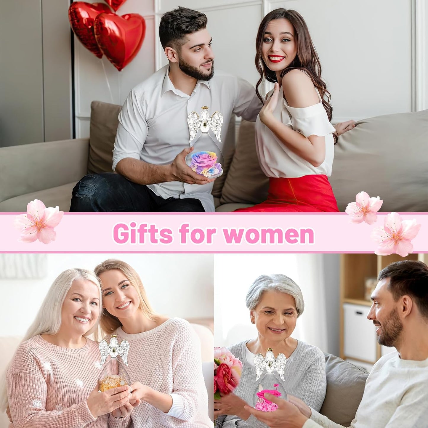 Yamonic Mom Birthday Gifts for Mom, Angel Figurines with Real Rose Gifts for Her Mom Grandma, Preserved Rose Angel Figurines for Mothers Day Birthday Gifts for Women Her (Rainbow)