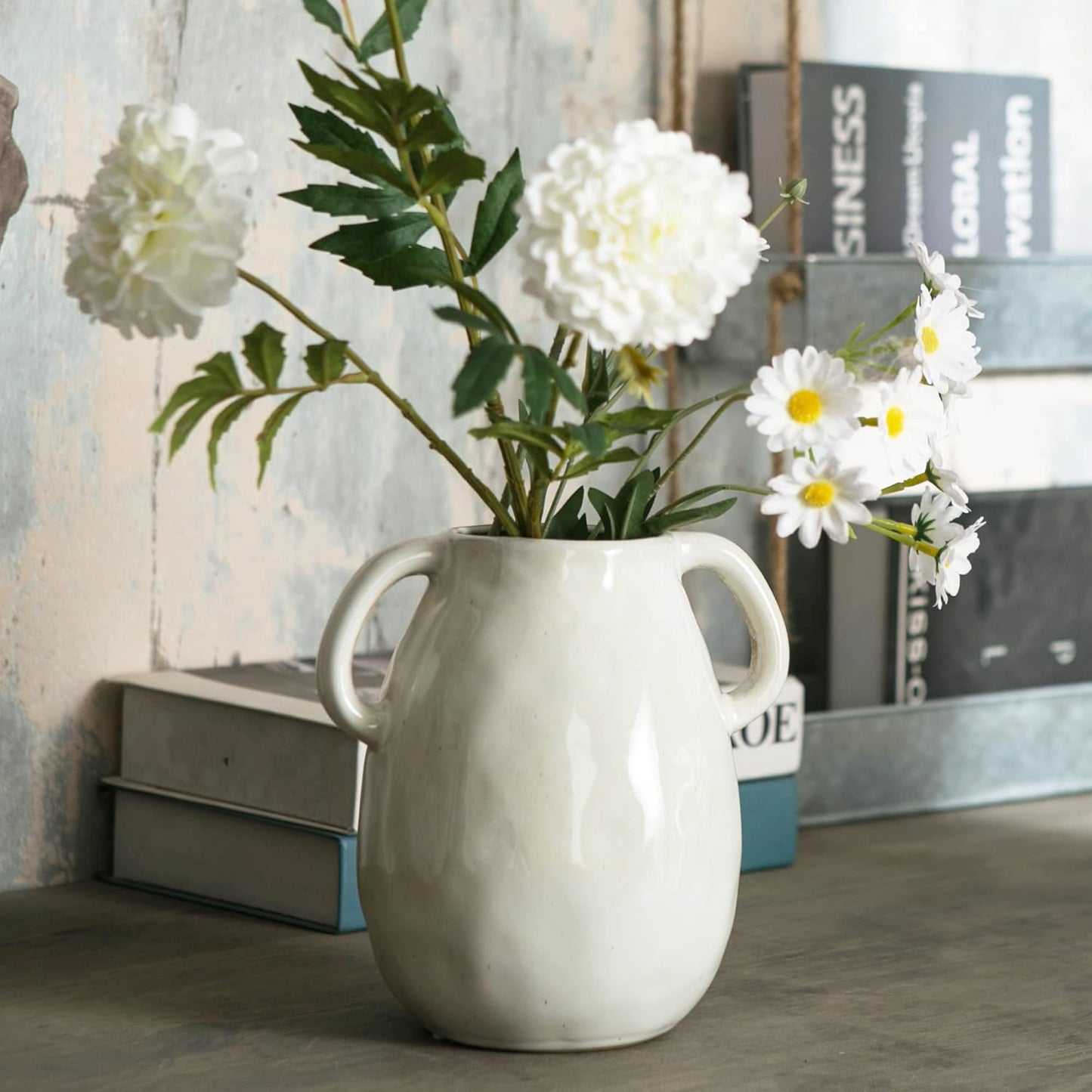 White Ceramic Vase with 2 Handles, Modern Farmhouse Decor, Rustic Terracotta Pottery, Decorative Flower Vases, Clay Small Vase, Centerpiece for Dining Table - 7 Inch Tall