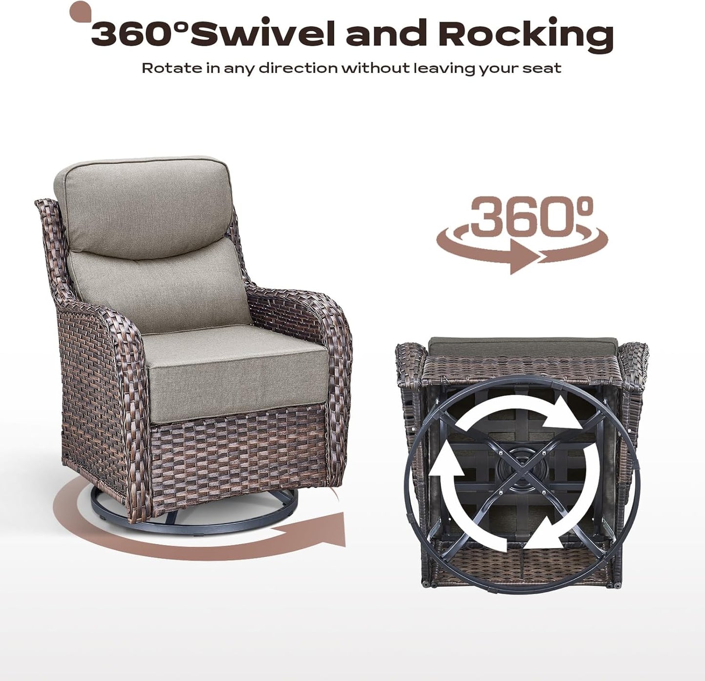 Wicker Outdoor Patio Furniture Set - 6 Piece Patio Conversation Sets with Swivel Rocker Chairs, Ottomans, Sofa and Coffee Table, 6 inch Cushions, Deep Seating, for Porch Deck Brown/Beige