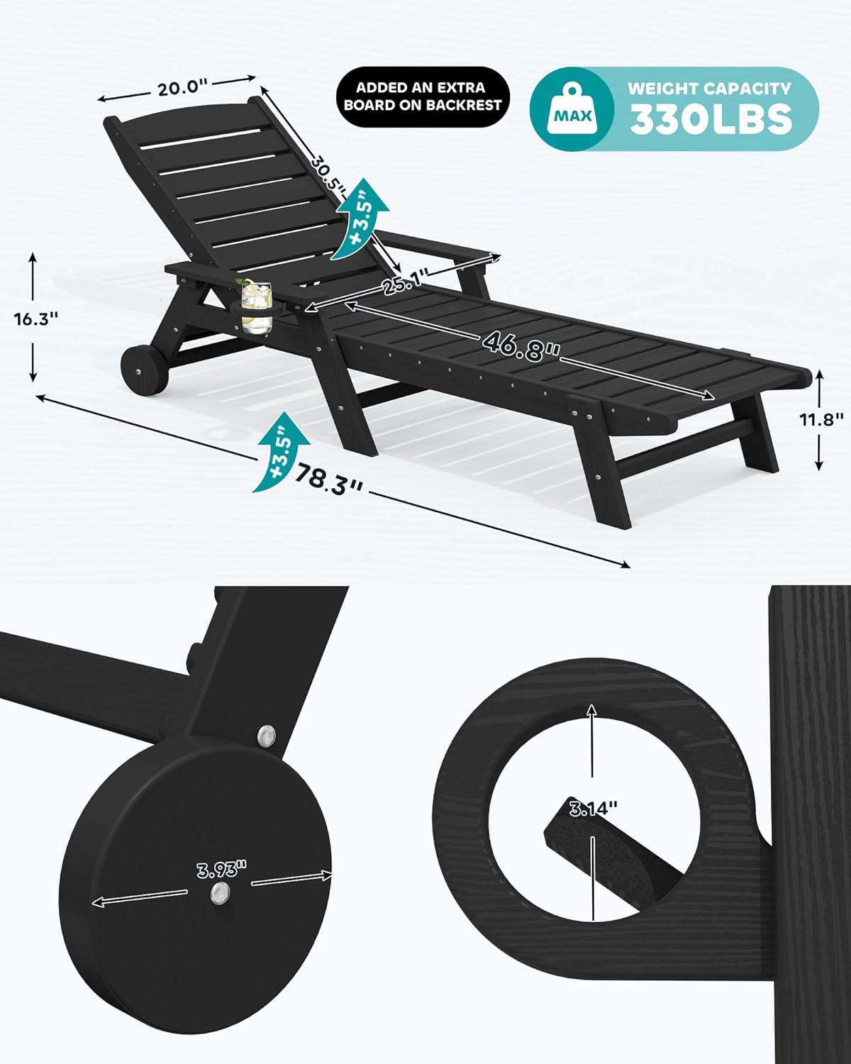 SERWALL Patio Chaise Lounge Chair Set of 2 with 9FT Patio Umbrella, 78'' HDPE Outdoor Lounger, Poly Lounge Chair with Rolling Wheels & Cup Holder for Pool,Obsidian Black (Umbrella Base not Included)