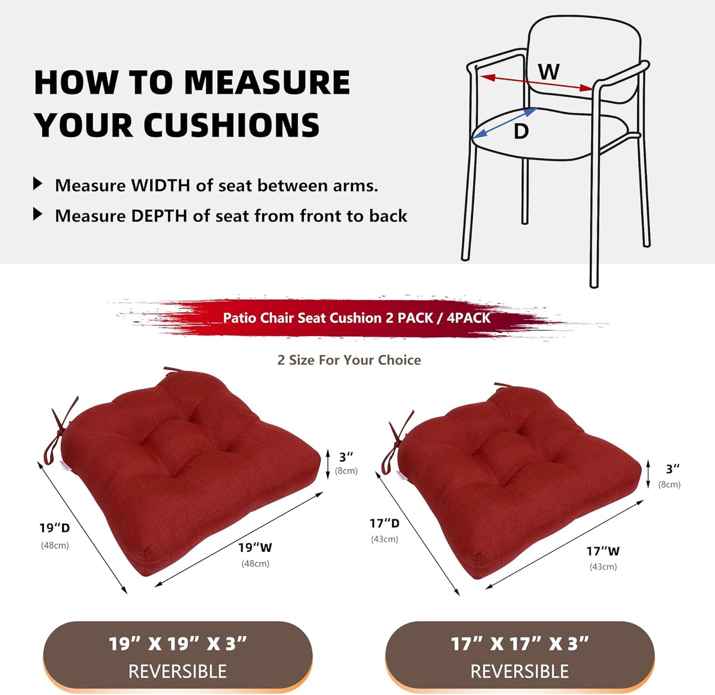 RACE LEAF Chair Cushions 19" x 19" Red - Outdoor/Indoor Patio Cushions Set of 2 - Replacement Cushions for Chairs and Seating - Chair Seat Pads for Porch, Deck, and Garden Seats