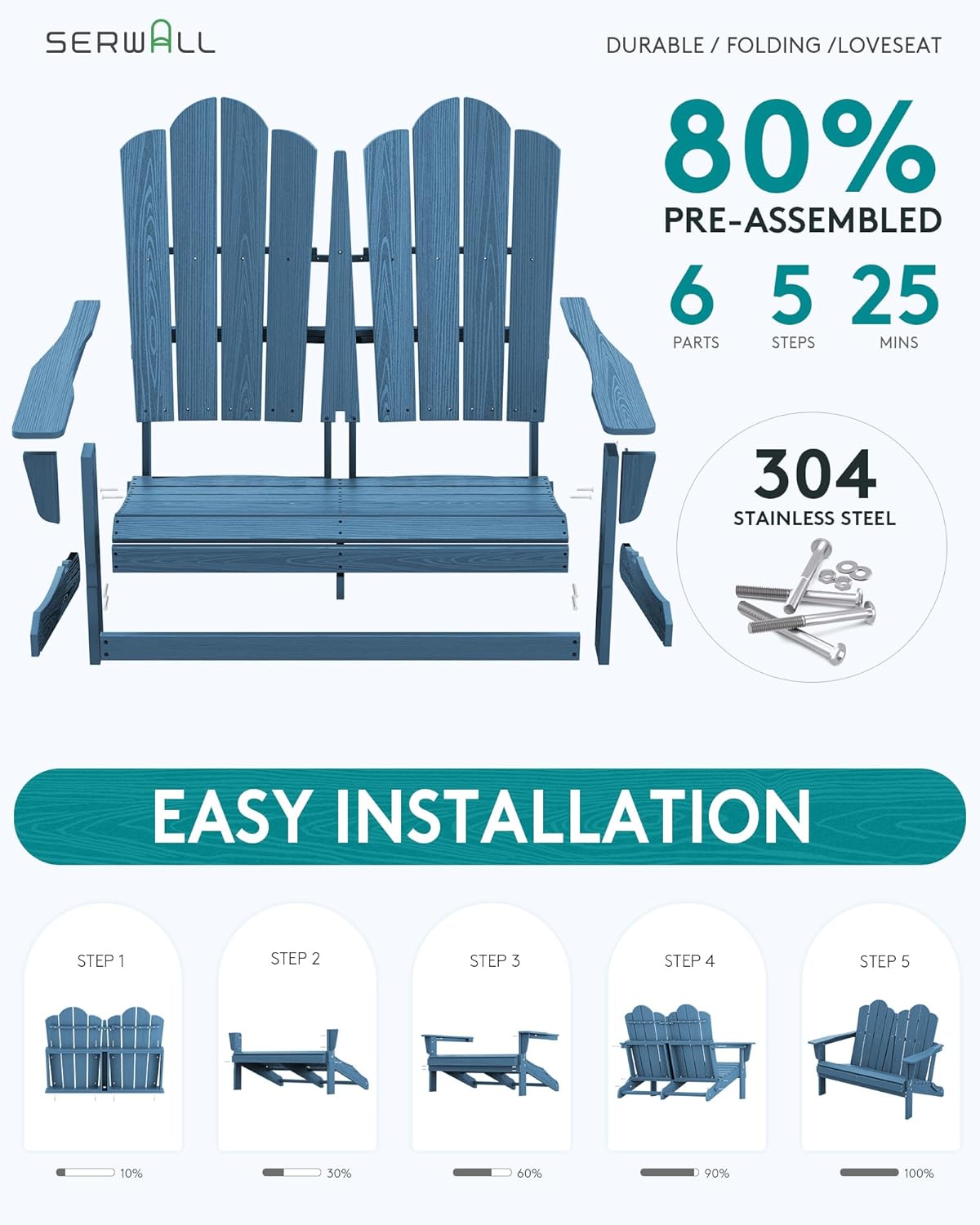 SERWALL Folding Adirondack Bench, HDPE All-Weather Adirondack Loveseat Set of 2, Navy