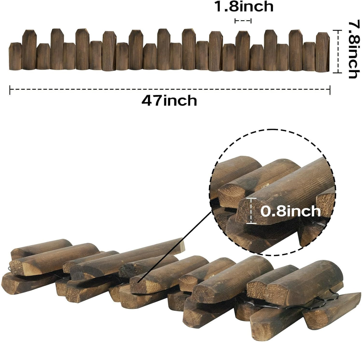 Wood Garden Edging for Landscaping – Staggered Half-Round Wooden Fence Border, Rustic Flower Bed Edging, Natural Pine, 7.9” x 4ft, Outdoor Garden Decor