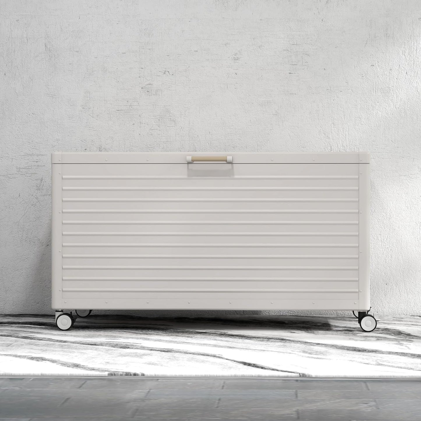 175 Gallon Outdoor Storage Box Waterproof with Wheels, Metal Deck Box for Patio Furniture, Garden Tools, Outdoor Cushion, Latte