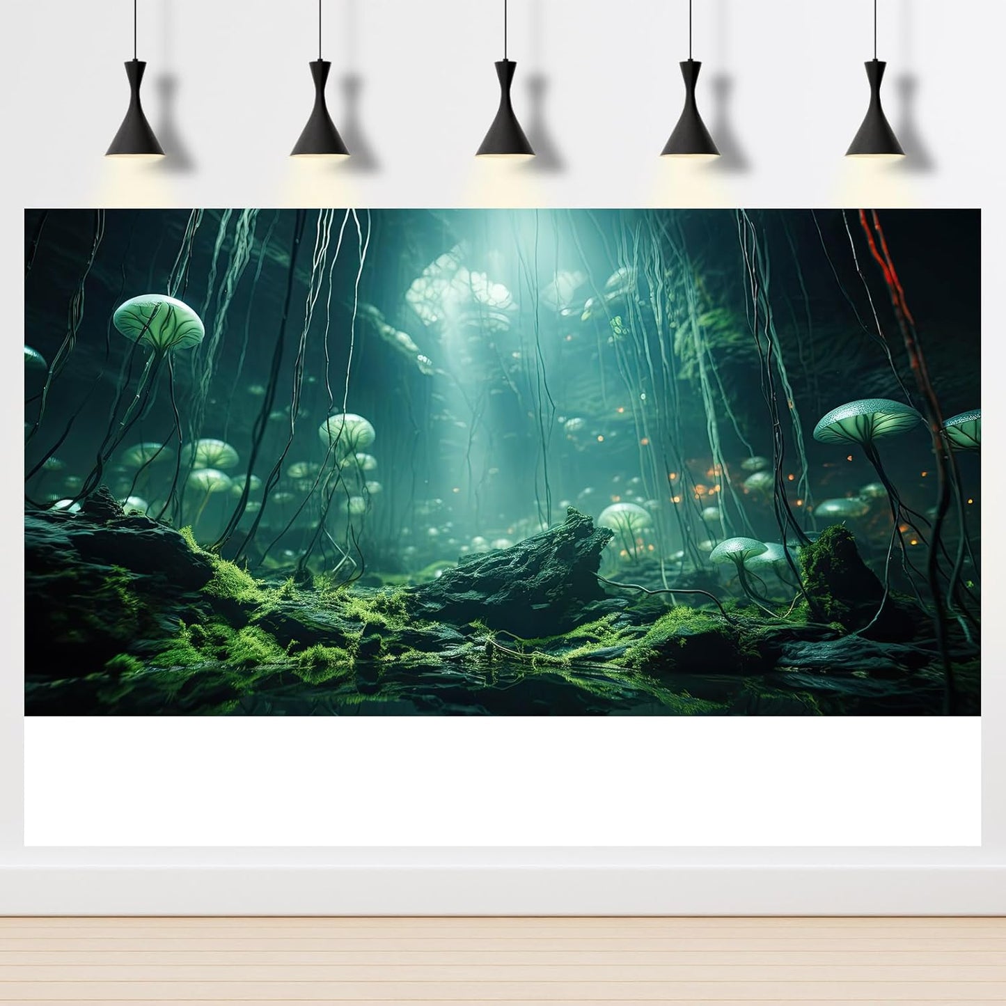 Aquarium Background Foggy Stone Mushroom Green Moss Fish Tank Background Mysterious Green Seaweed Scenery Aquarium Backgrounds White Mushroom Reptile Tank Enclosure Backgrounds Wallpaper 30x18in