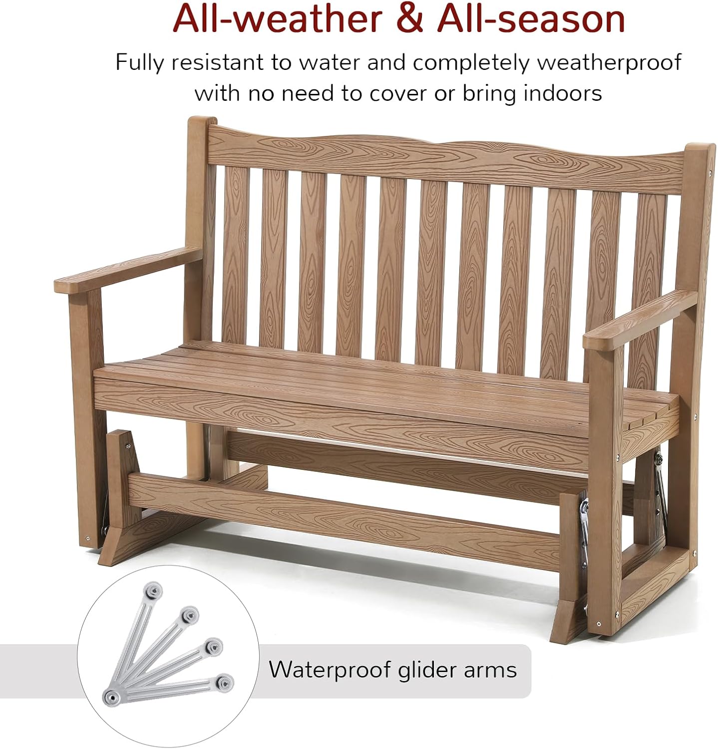 Stoog Outdoor Glider Benches Set of 2, Waterproof Glider Bench for Outside, Never Fade or Rot, Teak