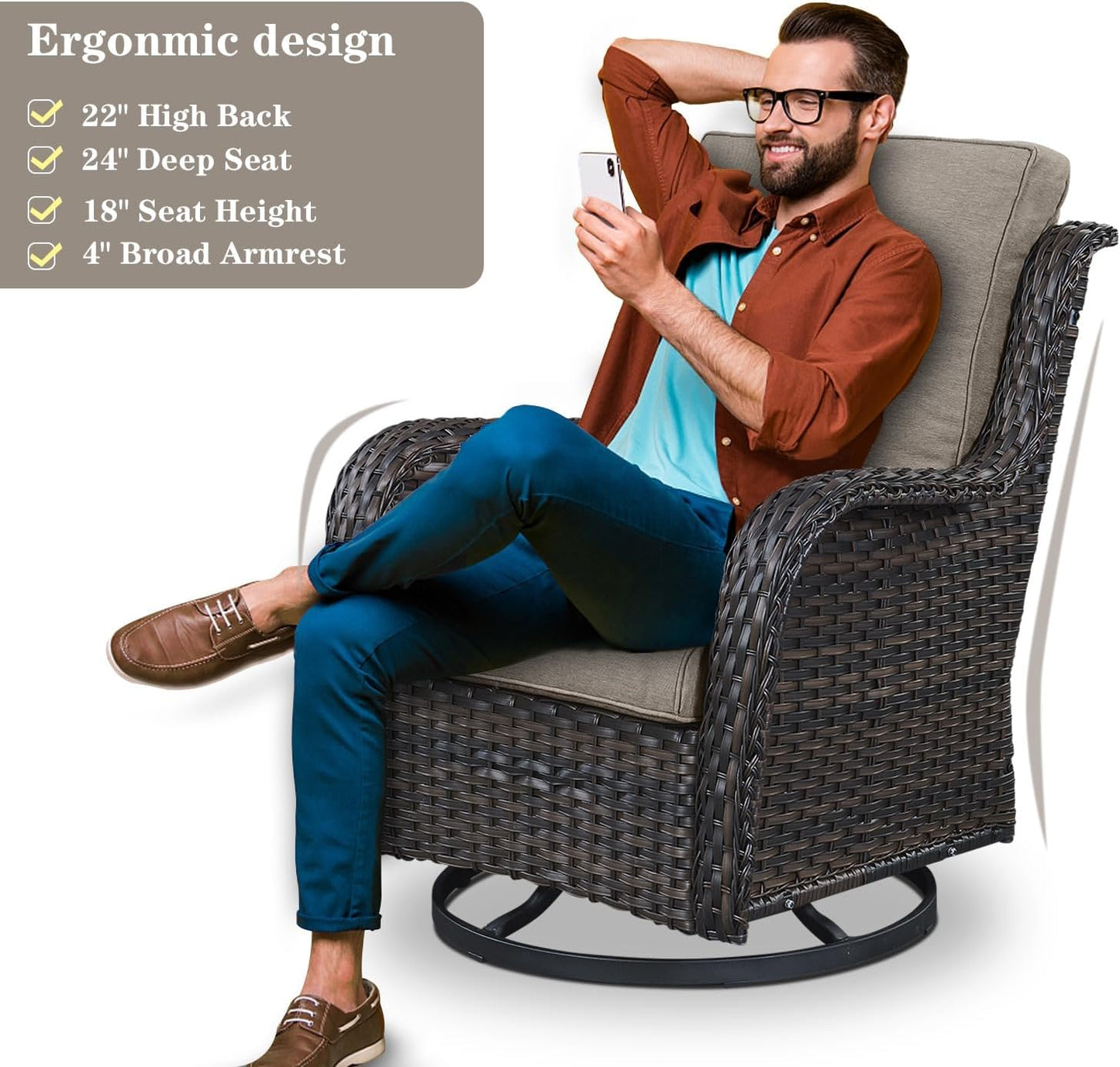 Wicker Outdoor Furniture Patio Furniture Set - 6 Piece Patio Conversation Set with Swivel Rocker Chairs, Rattan Sofa, Ottomans and Coffee Table, Gray Cushion