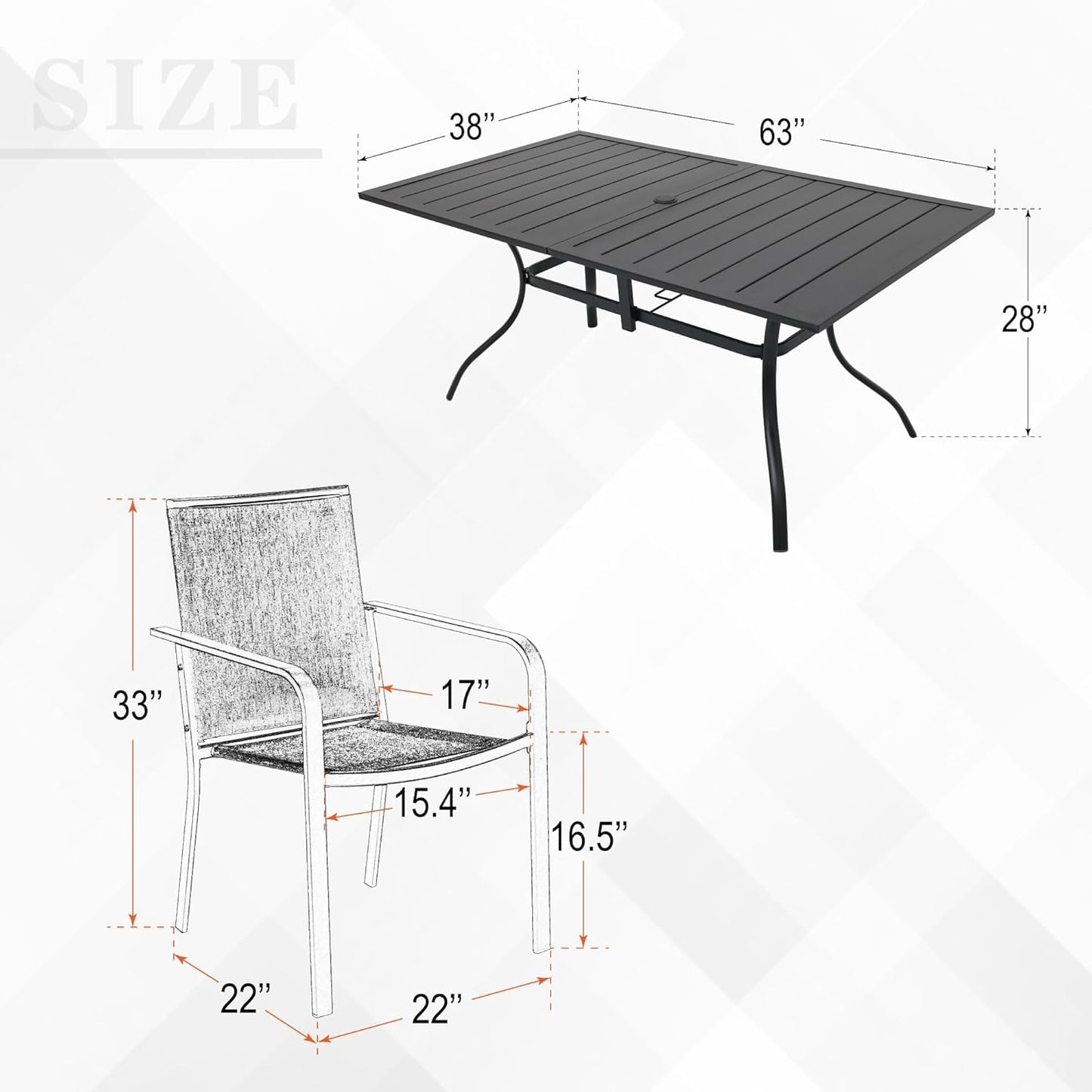 7-Piece Outdoor Patio Dining Set, 6 Stackable Patio Outoor Chairs & Rectangular Dining Table with All Weather Frame Furniture Set - Brown Tan