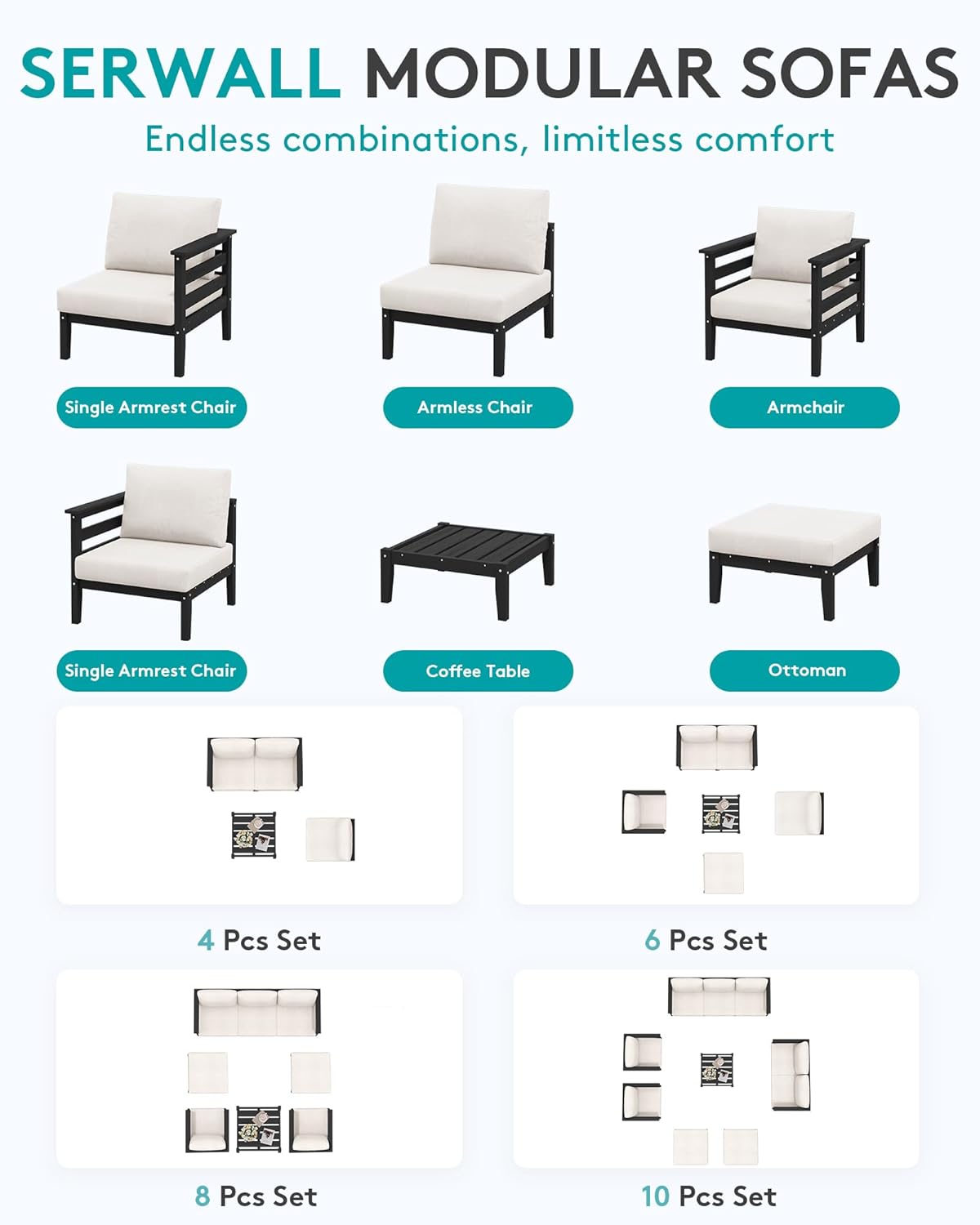 SERWALL HDPE Patio Furniture Set, 10 Pieces Outdoor Sectional Sofa Set, All-Weather Wood-Like Outdoor Sofa Couch with Coffee Table for Deck, Lawn, Black Frame with Khaki Cushion