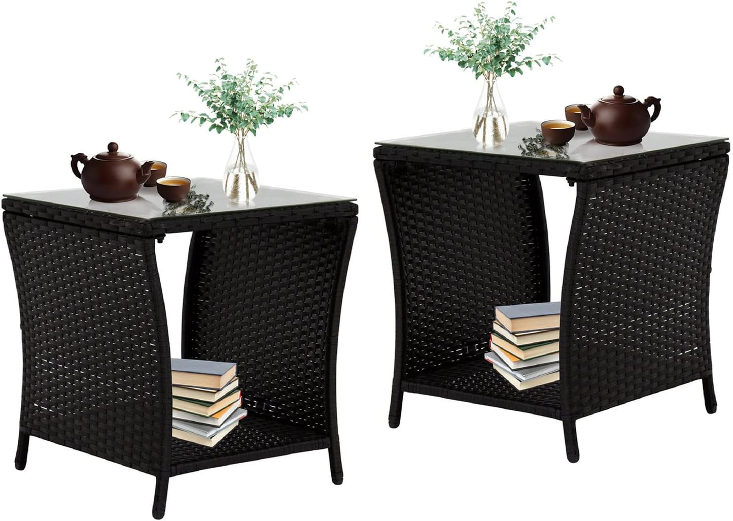 Outdoor Small Patio Table - PE Rattan Coffee Table, Wicker Side Table for Patio, Balcony & Porch, Durable & Iron Frame (2, Dark Black)